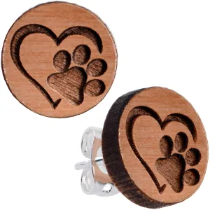 Natural Maple Wood Heart Paw Print Stud Earrings