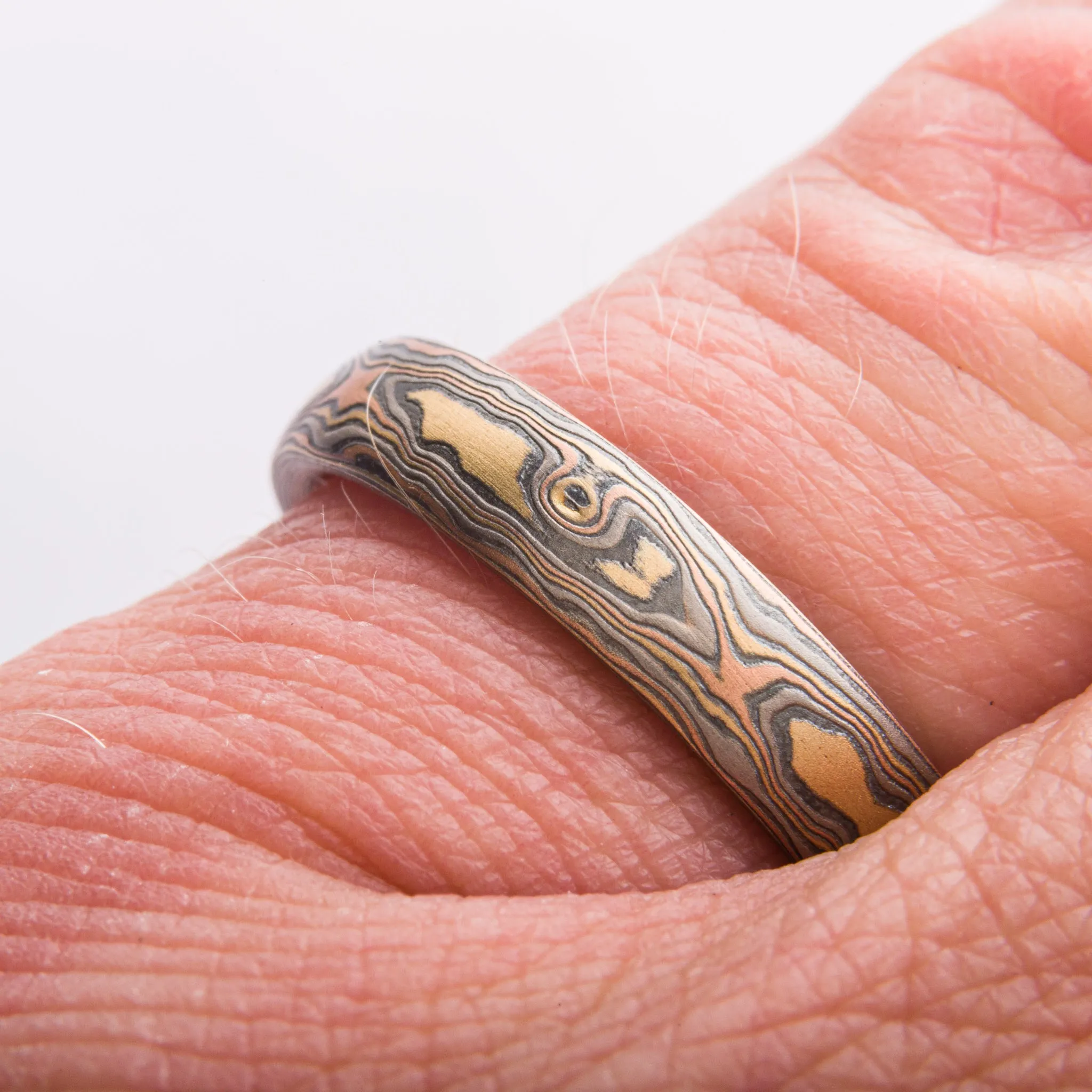 Nature Inspired Mokume Gane Ring or Wedding Band in Firestorm Palette and Woodgrain Pattern