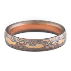 Nature Inspired Mokume Gane Ring or Wedding Band in Firestorm Palette and Woodgrain Pattern