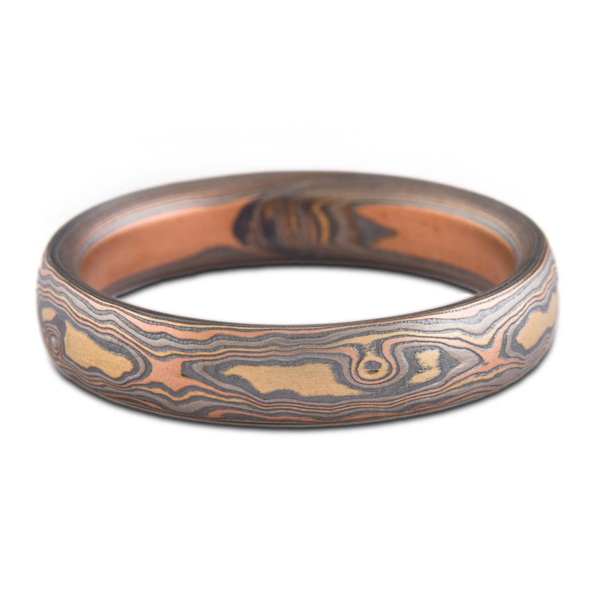 Nature Inspired Mokume Gane Ring or Wedding Band in Firestorm Palette and Woodgrain Pattern