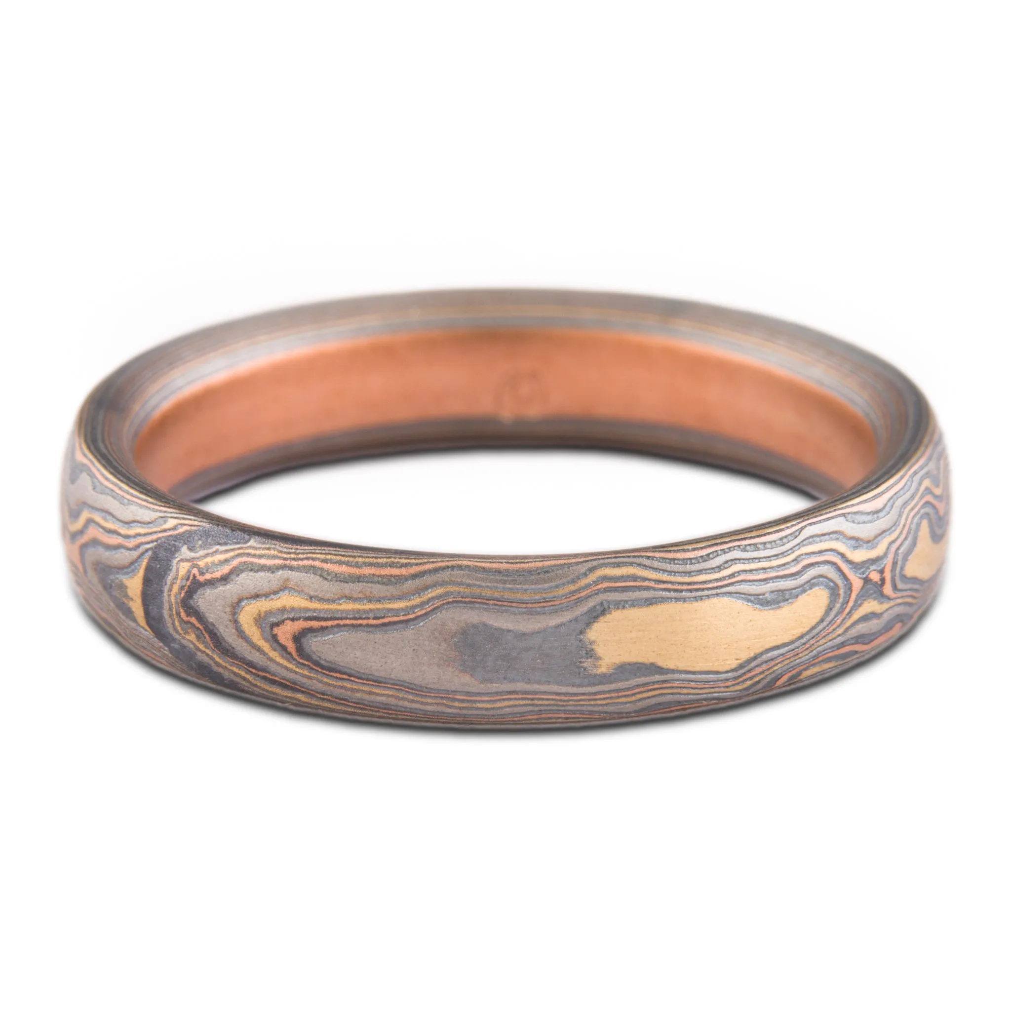 Nature Inspired Mokume Gane Ring or Wedding Band in Firestorm Palette and Woodgrain Pattern