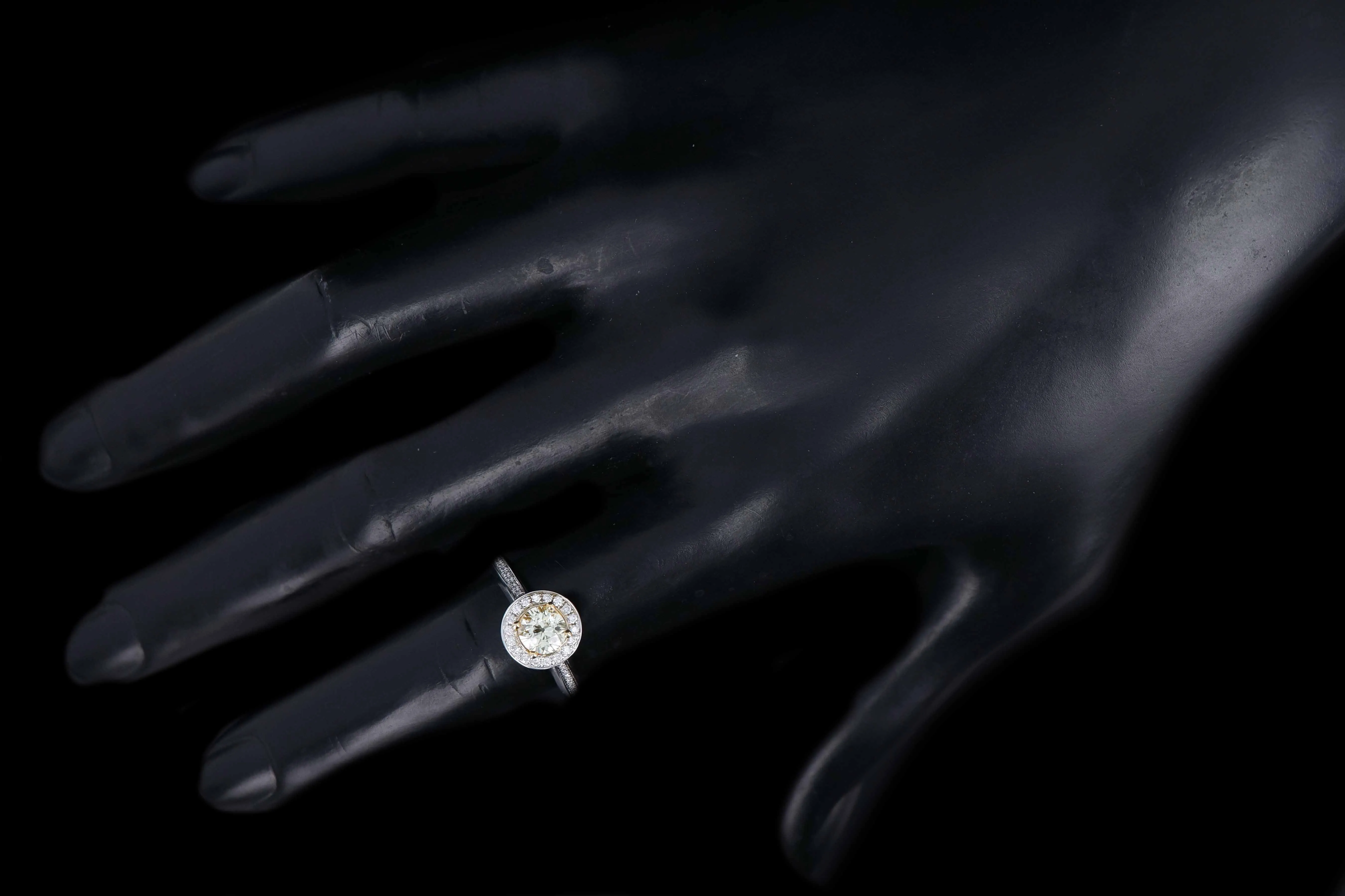 New 14K White Gold .65 Carat Fancy Light Yellow Diamond Halo Ring