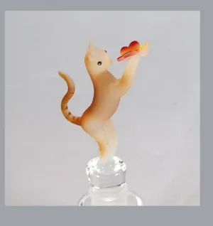 Opaque Brown Cat w/ Butterfly Hand Crafted Bottle Stopper