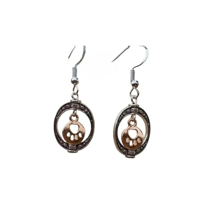 Oval Frame with Gold Toned Paw Print Charm Earrings