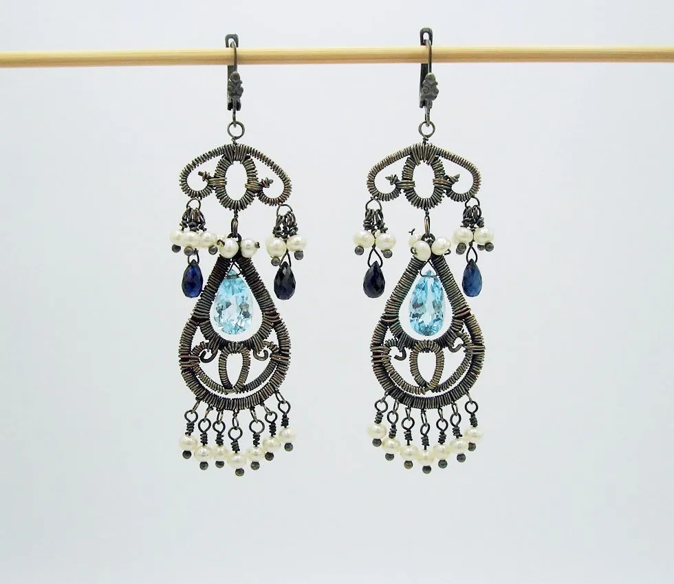 Oxidized Silver Earrings-blue topaz,blue sapphire, pearls