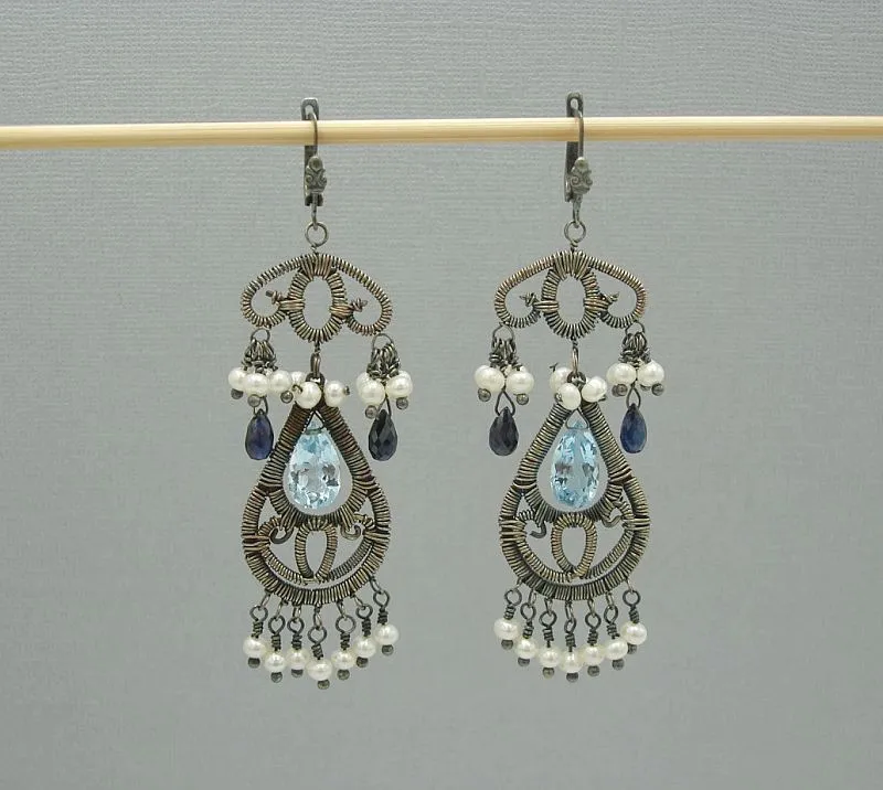 Oxidized Silver Earrings-blue topaz,blue sapphire, pearls