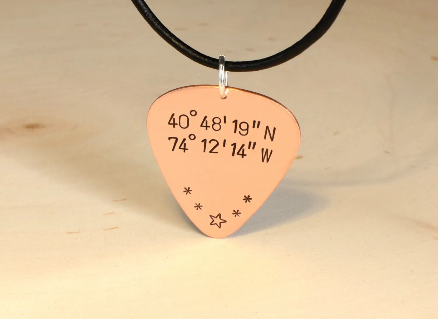 Personalized Latitude Longitude Coordinates on Guitar Pick Necklace in Copper