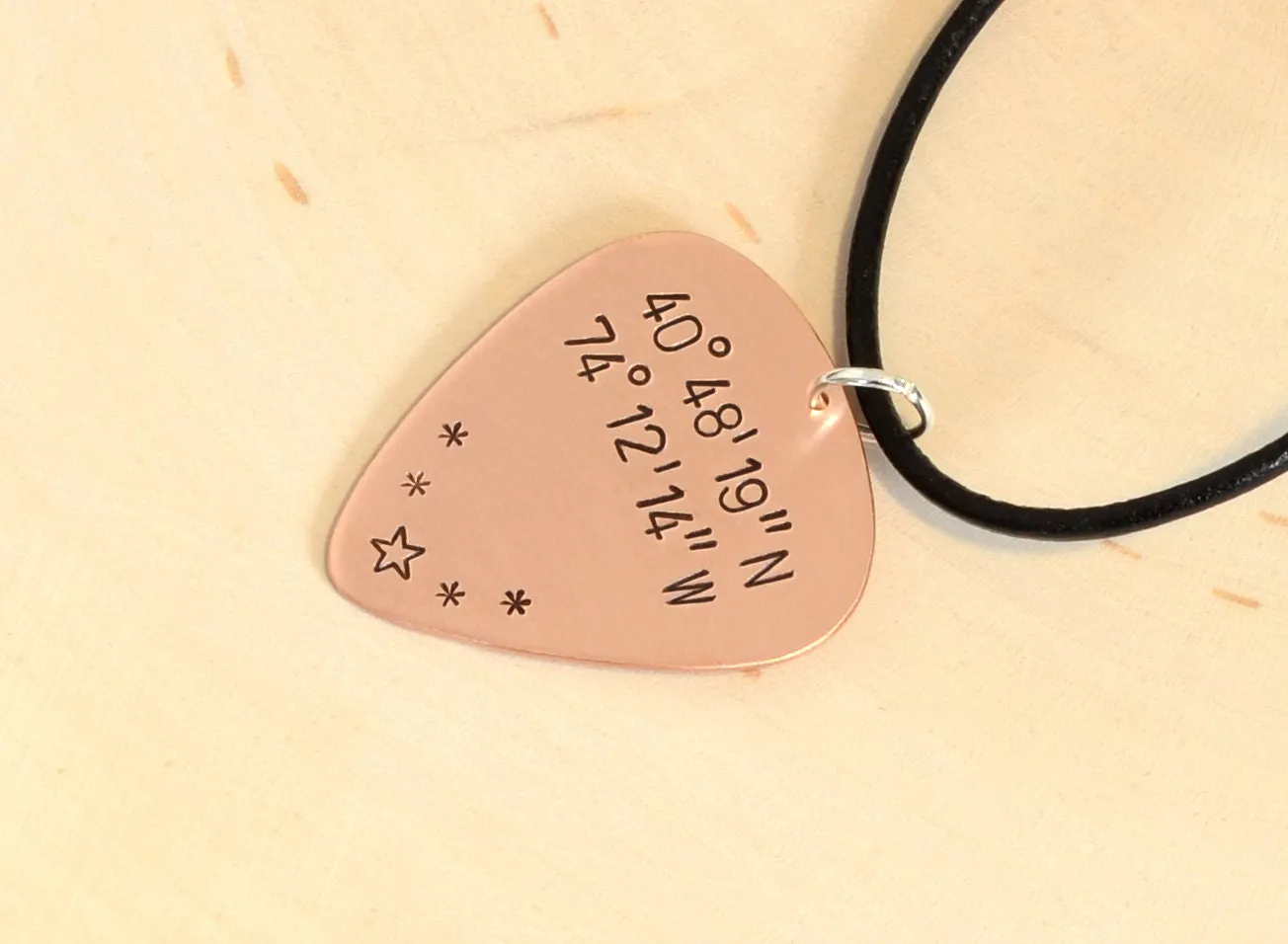 Personalized Latitude Longitude Coordinates on Guitar Pick Necklace in Copper