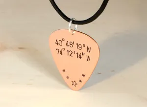Personalized Latitude Longitude Coordinates on Guitar Pick Necklace in Copper