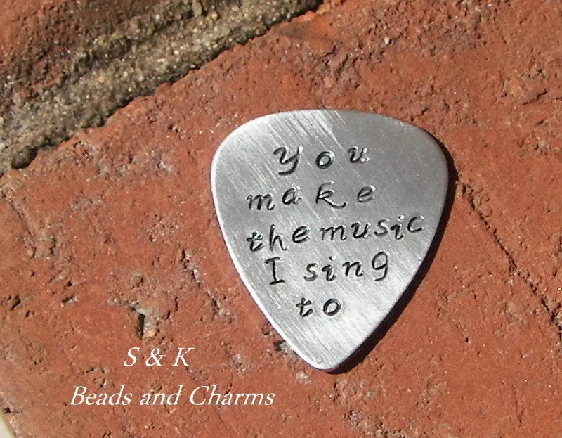personalized quitar pick, custom hand stamped jewelry, boyfriend gift, gift for musician handstamped jewelry
