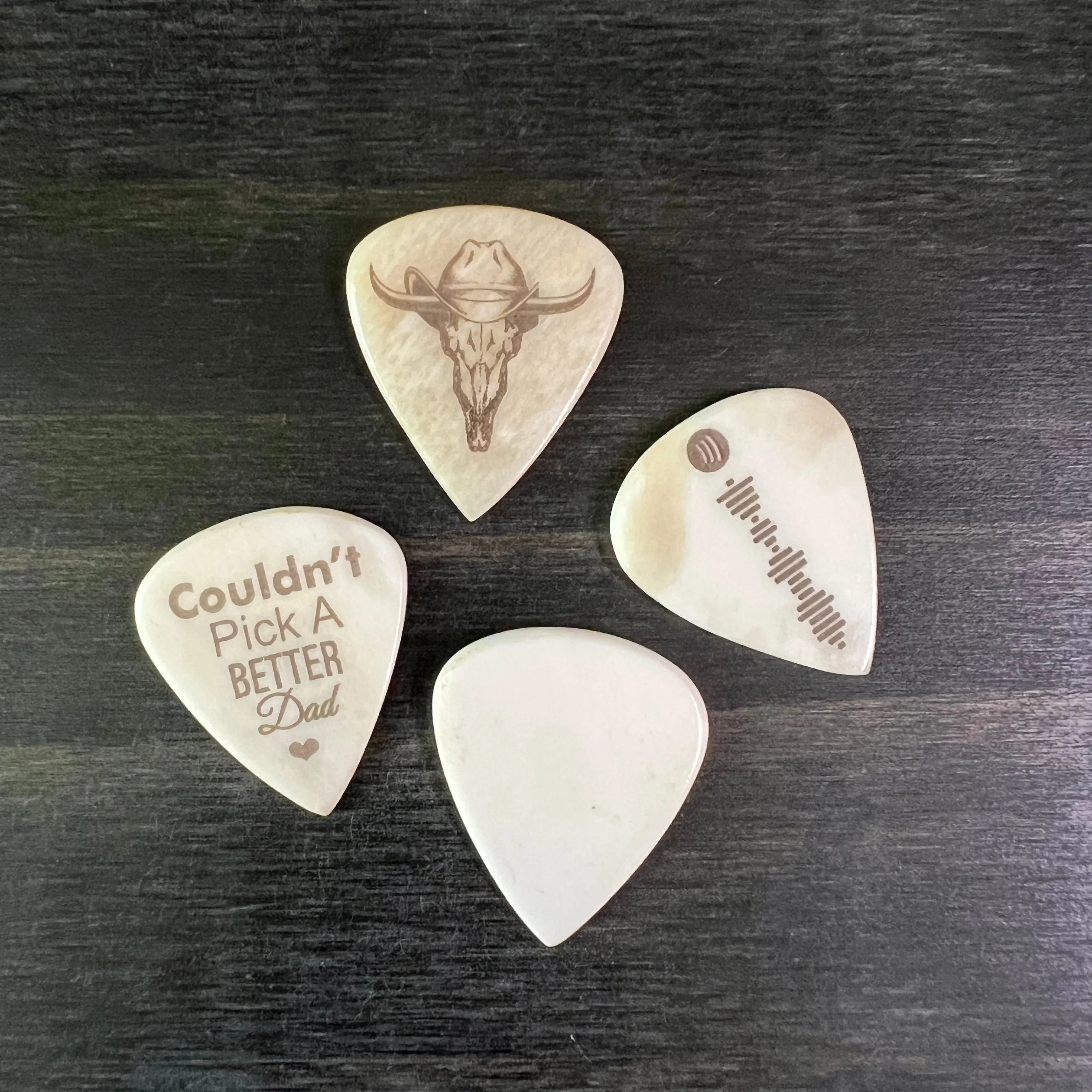 Personalized Wood and Bone Guitar Pick Set; 2 Wood or Bone Picks with Gift Box & Bow