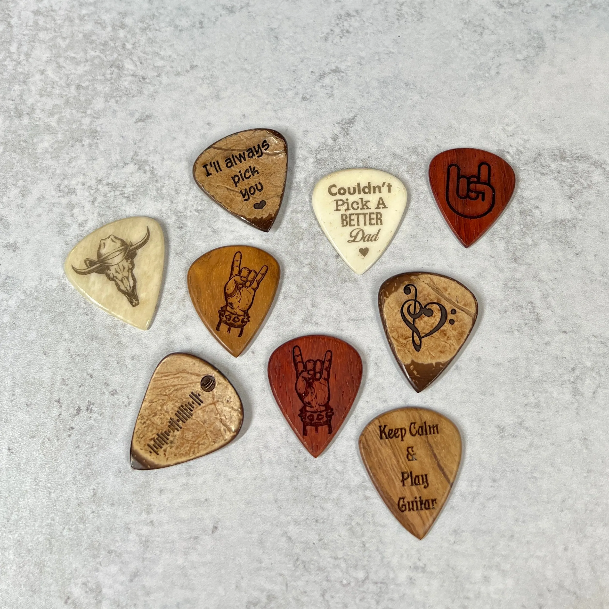 Personalized Wood and Bone Guitar Pick Set; 2 Wood or Bone Picks with Gift Box & Bow