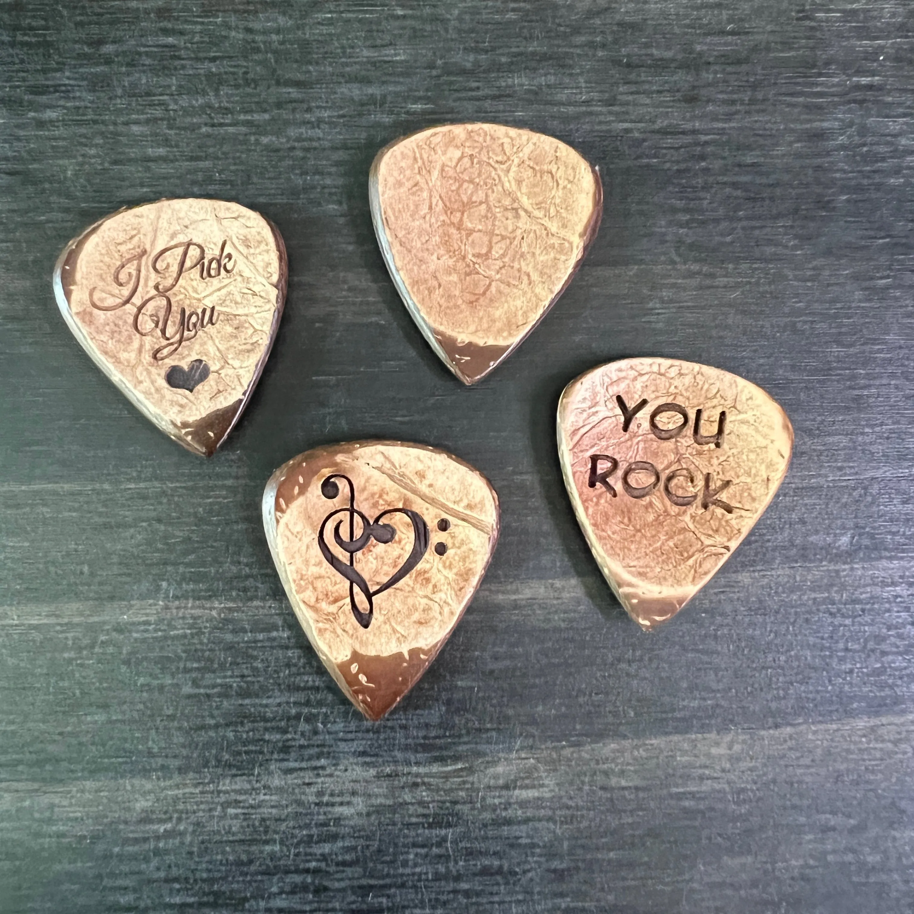 Personalized Wood and Bone Guitar Pick Set; 2 Wood or Bone Picks with Gift Box & Bow