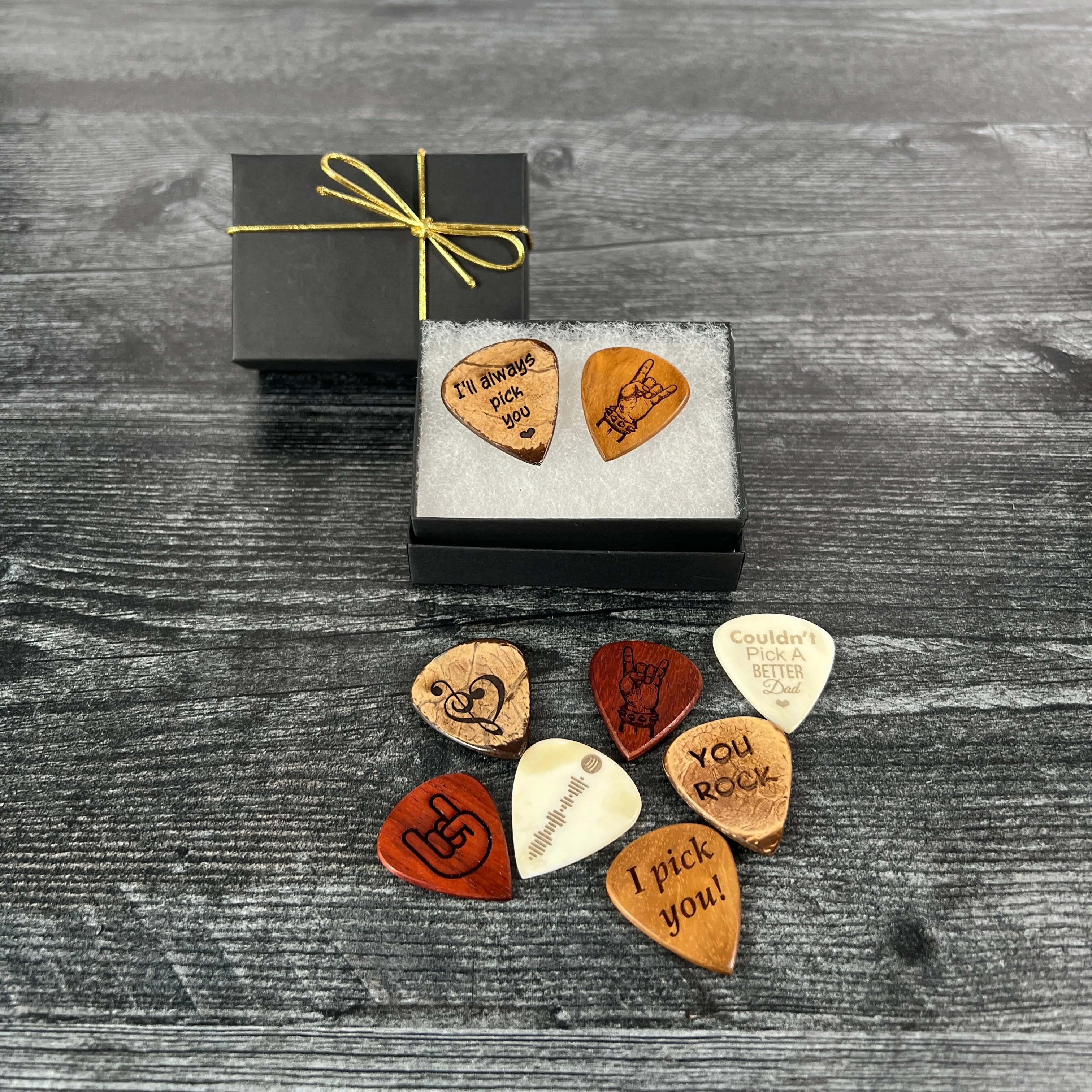 Personalized Wood and Bone Guitar Pick Set; 2 Wood or Bone Picks with Gift Box & Bow