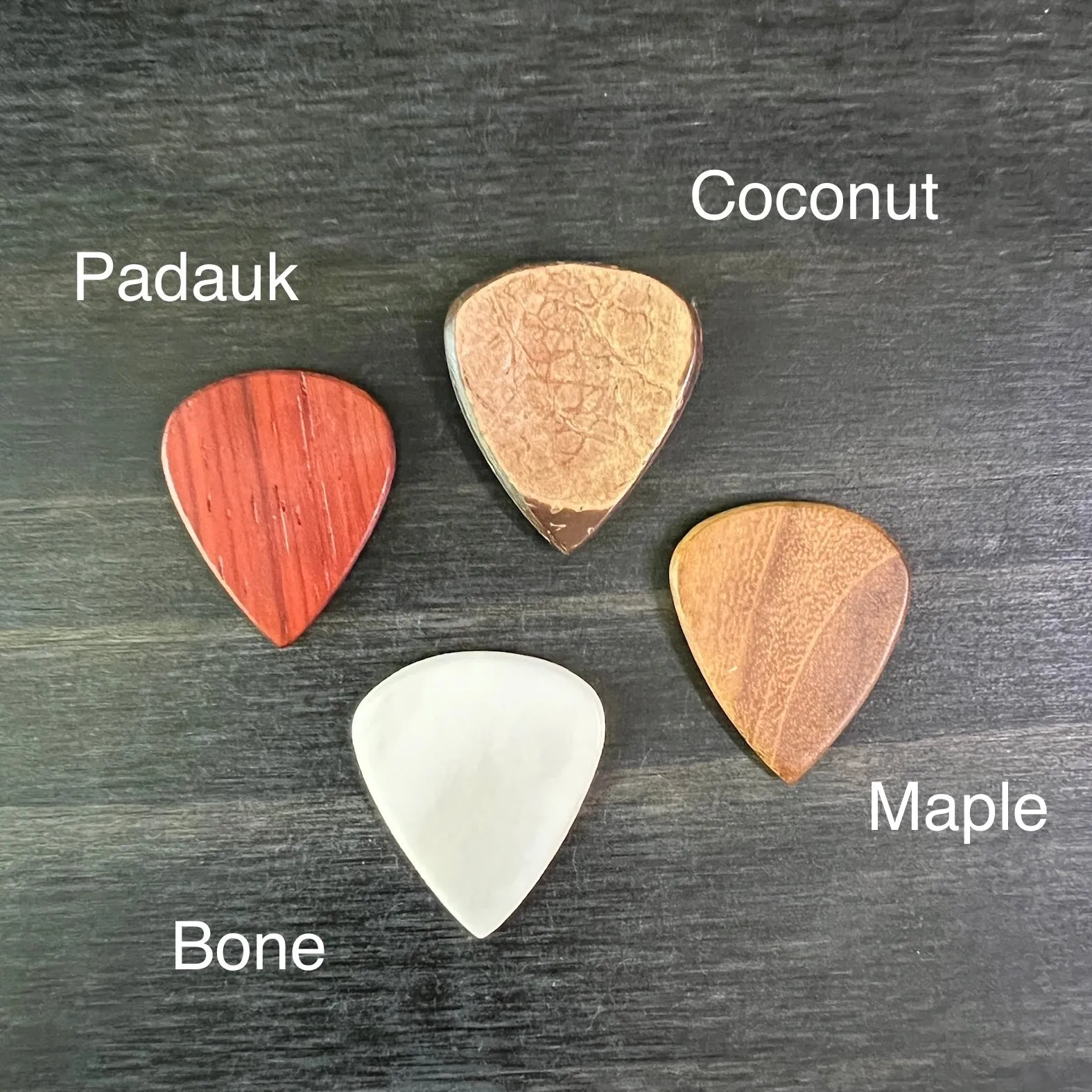 Personalized Wood and Bone Guitar Pick Set; 2 Wood or Bone Picks with Gift Box & Bow