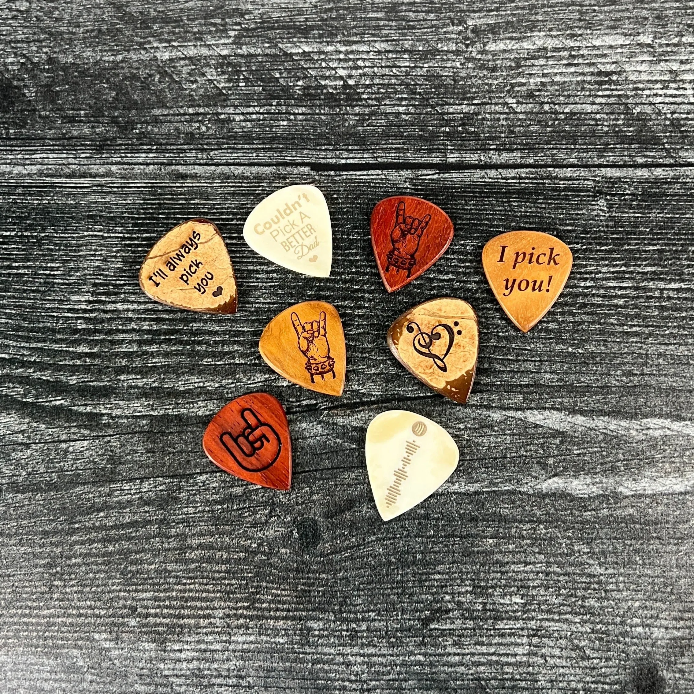 Personalized Wood and Bone Guitar Pick Set; 2 Wood or Bone Picks with Gift Box & Bow