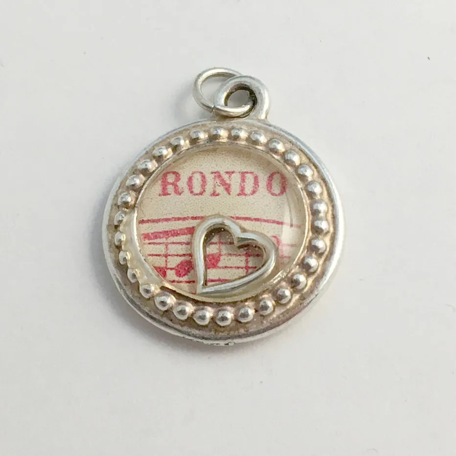 Pewter frame, sheet music, sterling silver heart pendant-resin, Rondo, notes,red