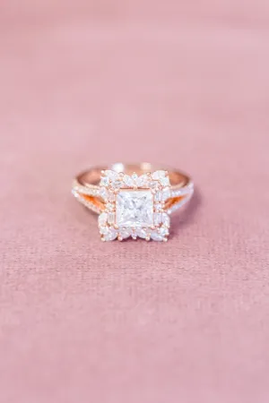 Princess Cut Moissanite Split Pavé Floral Halo Engagement Ring