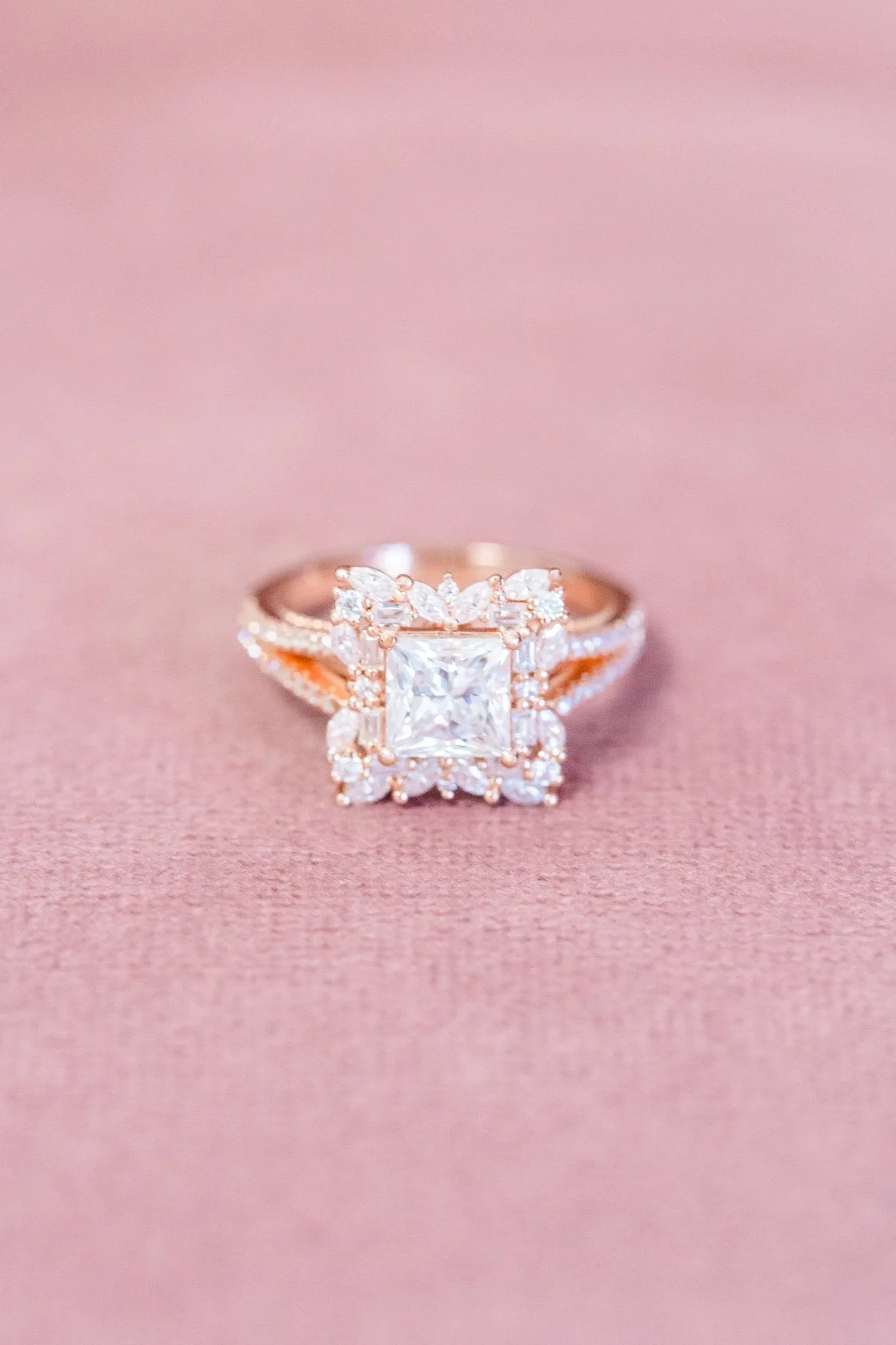 Princess Cut Moissanite Split Pavé Floral Halo Engagement Ring