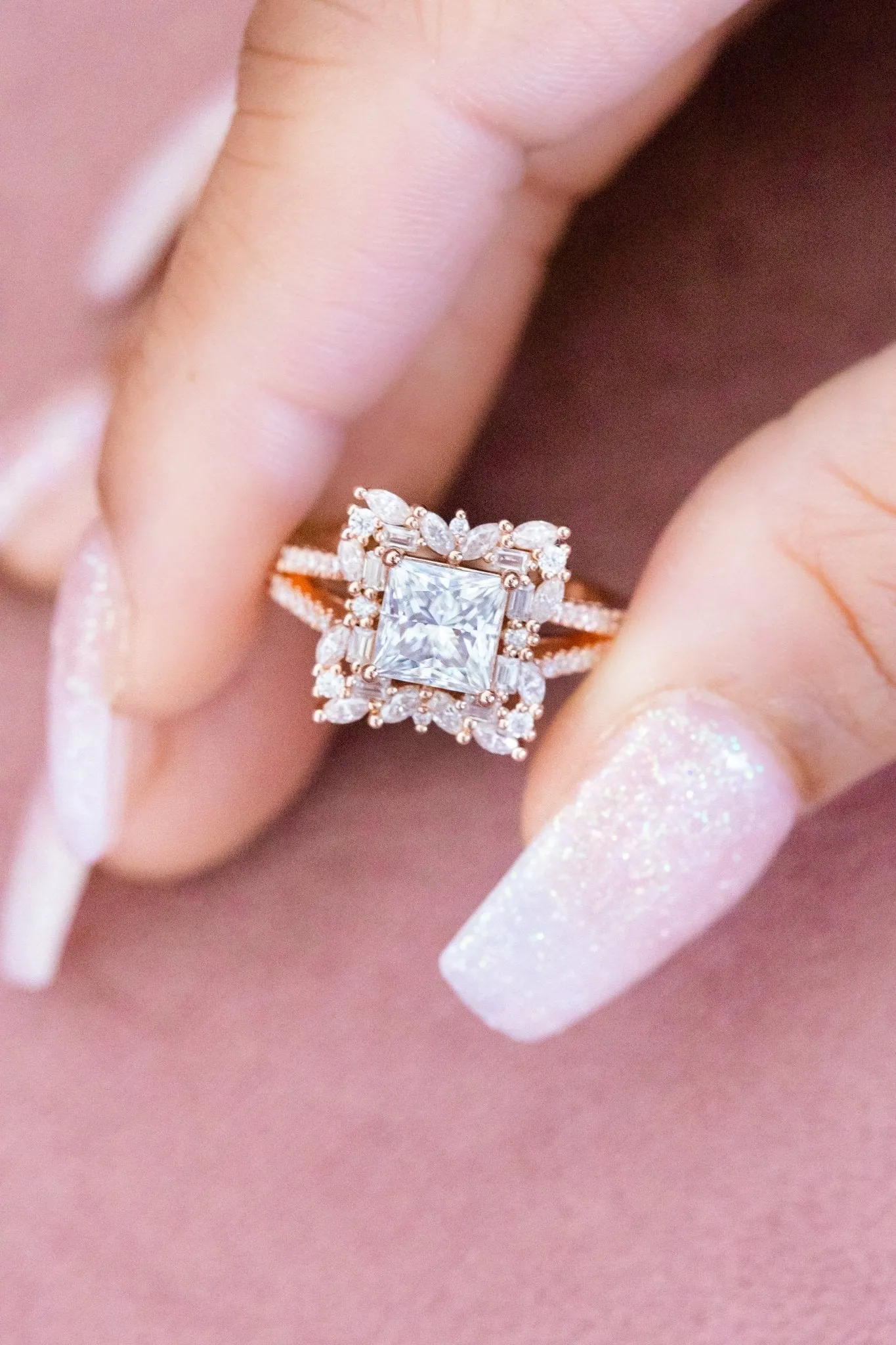 Princess Cut Moissanite Split Pavé Floral Halo Engagement Ring