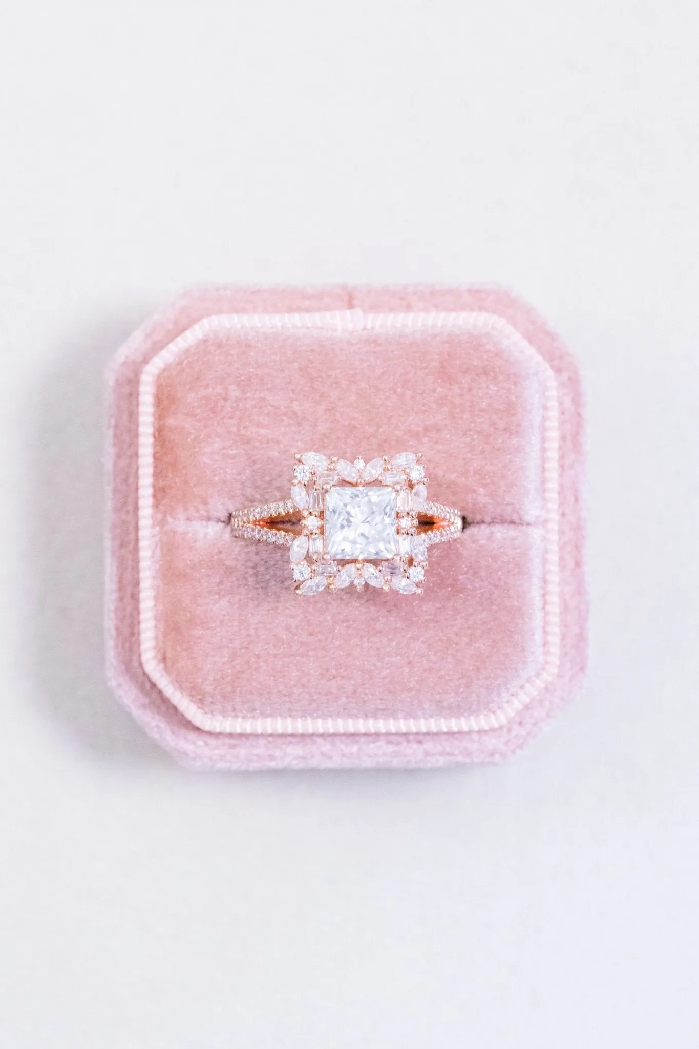 Princess Cut Moissanite Split Pavé Floral Halo Engagement Ring