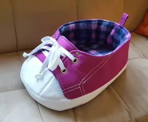 Purple Sneaker Cat Bed with Pink and Blue Fleece