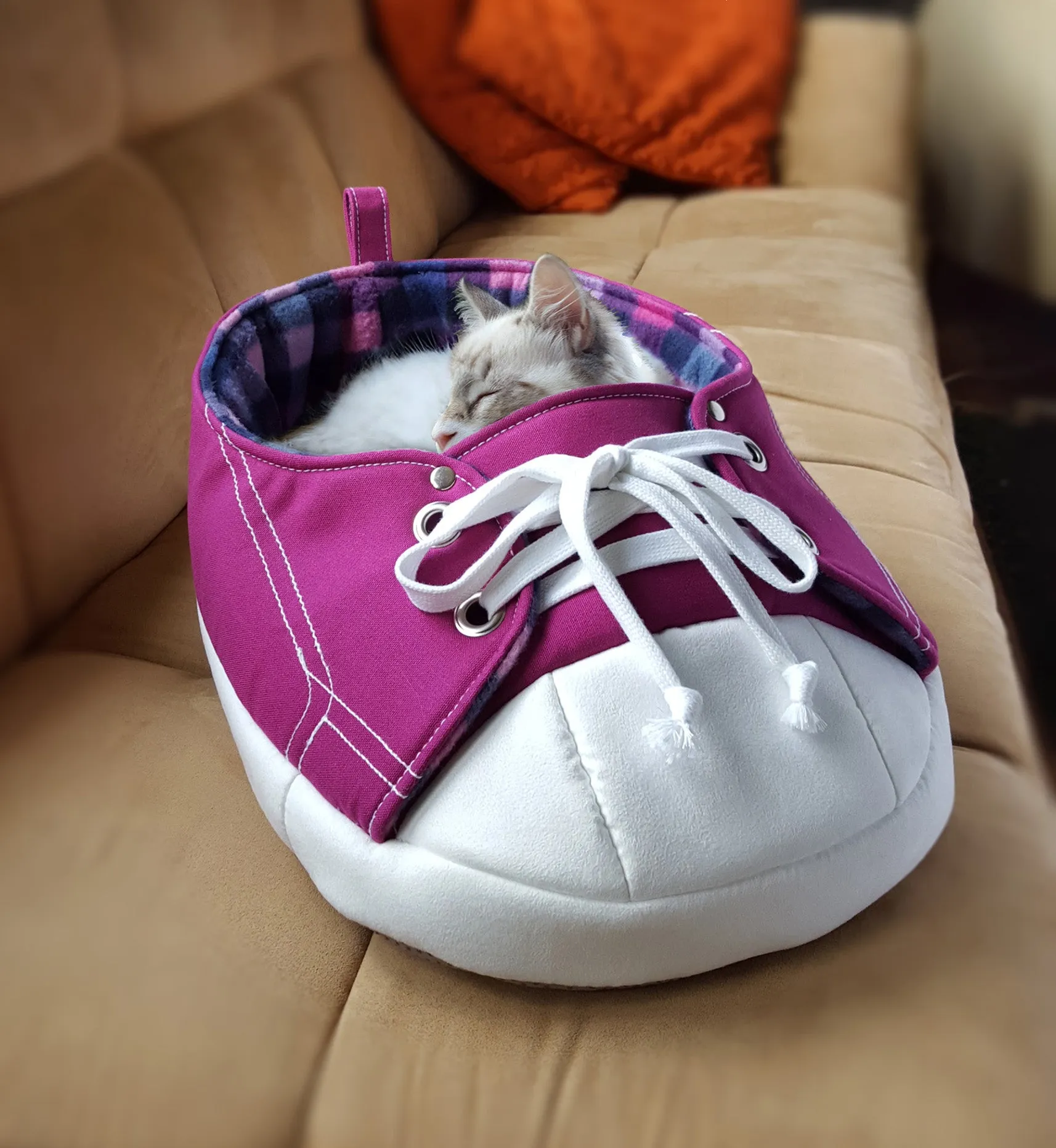 Purple Sneaker Cat Bed with Pink and Blue Fleece