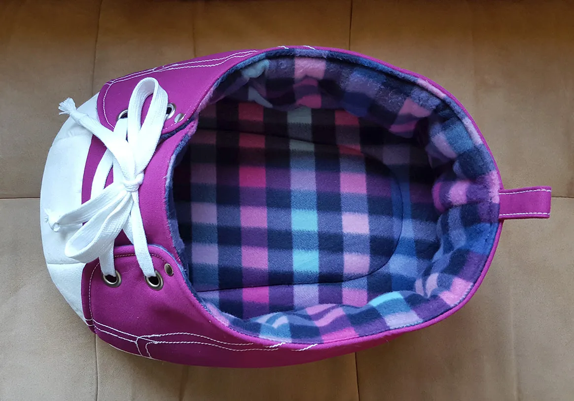 Purple Sneaker Cat Bed with Pink and Blue Fleece