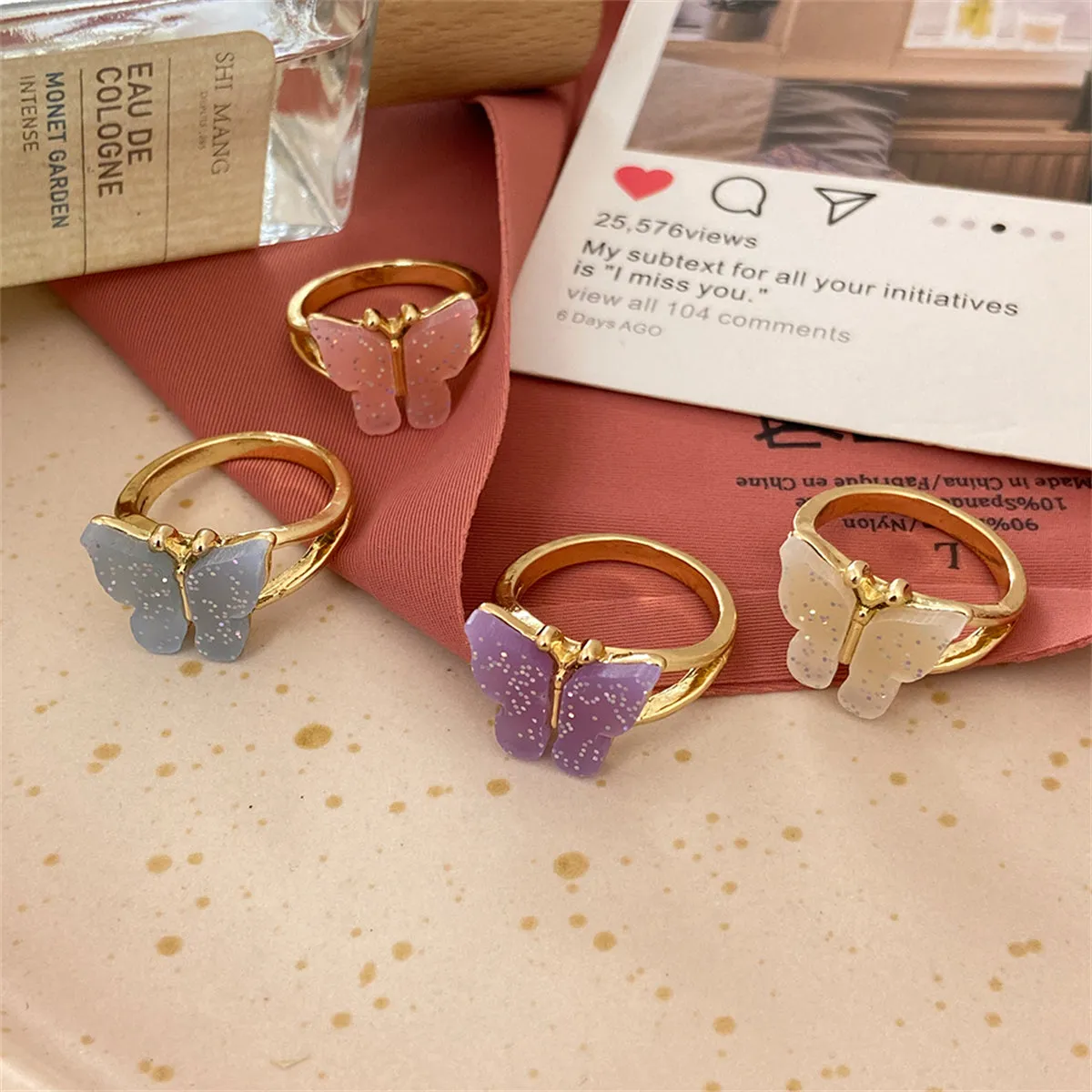 Red Acrylic & 18K Gold-Plated Butterfly Ring Set