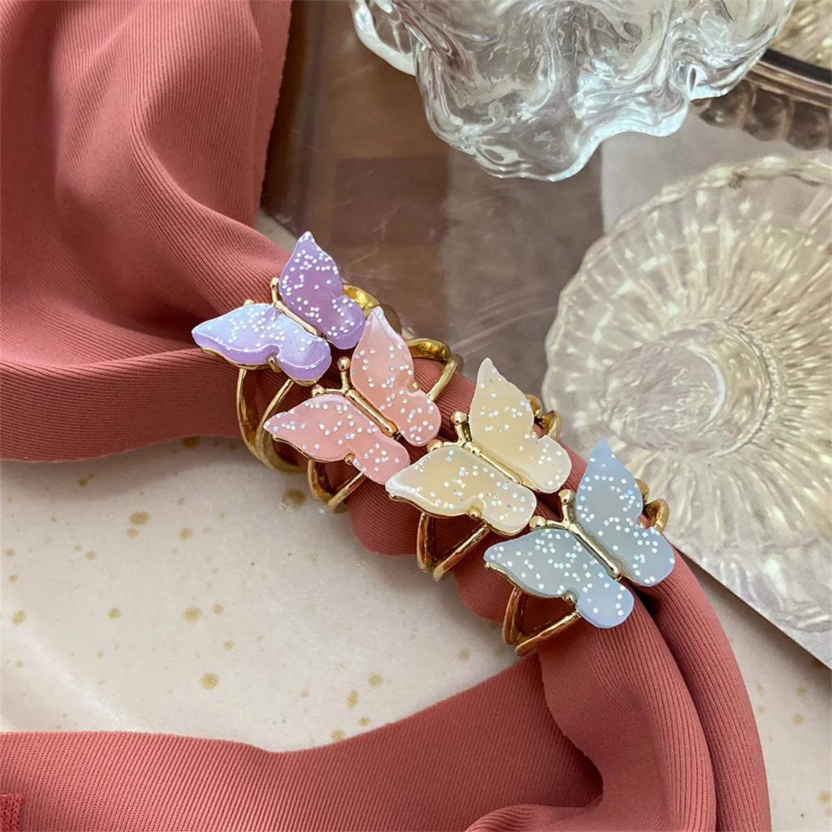 Red Acrylic & 18K Gold-Plated Butterfly Ring Set