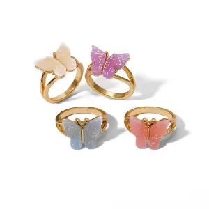 Red Acrylic & 18K Gold-Plated Butterfly Ring Set