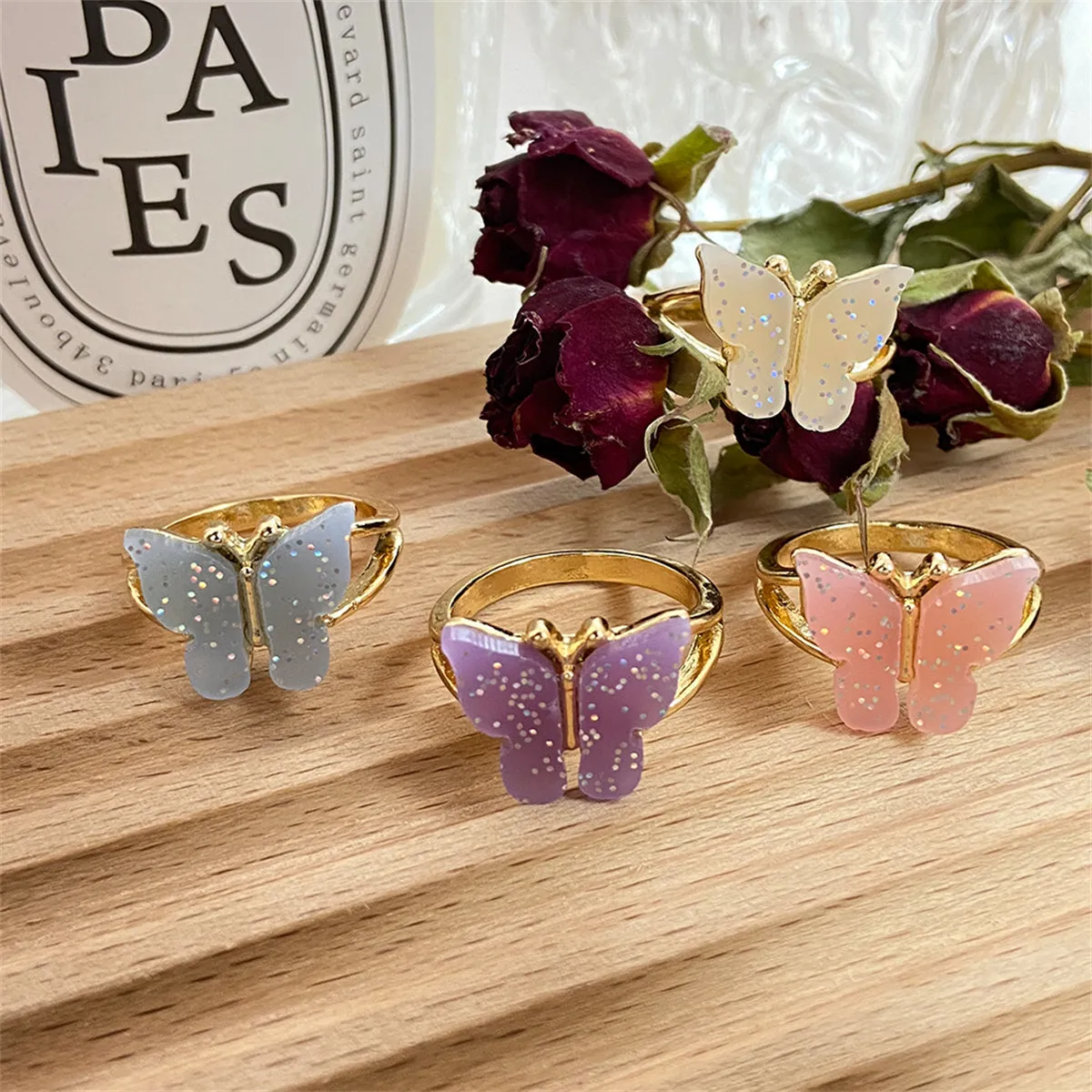Red Acrylic & 18K Gold-Plated Butterfly Ring Set