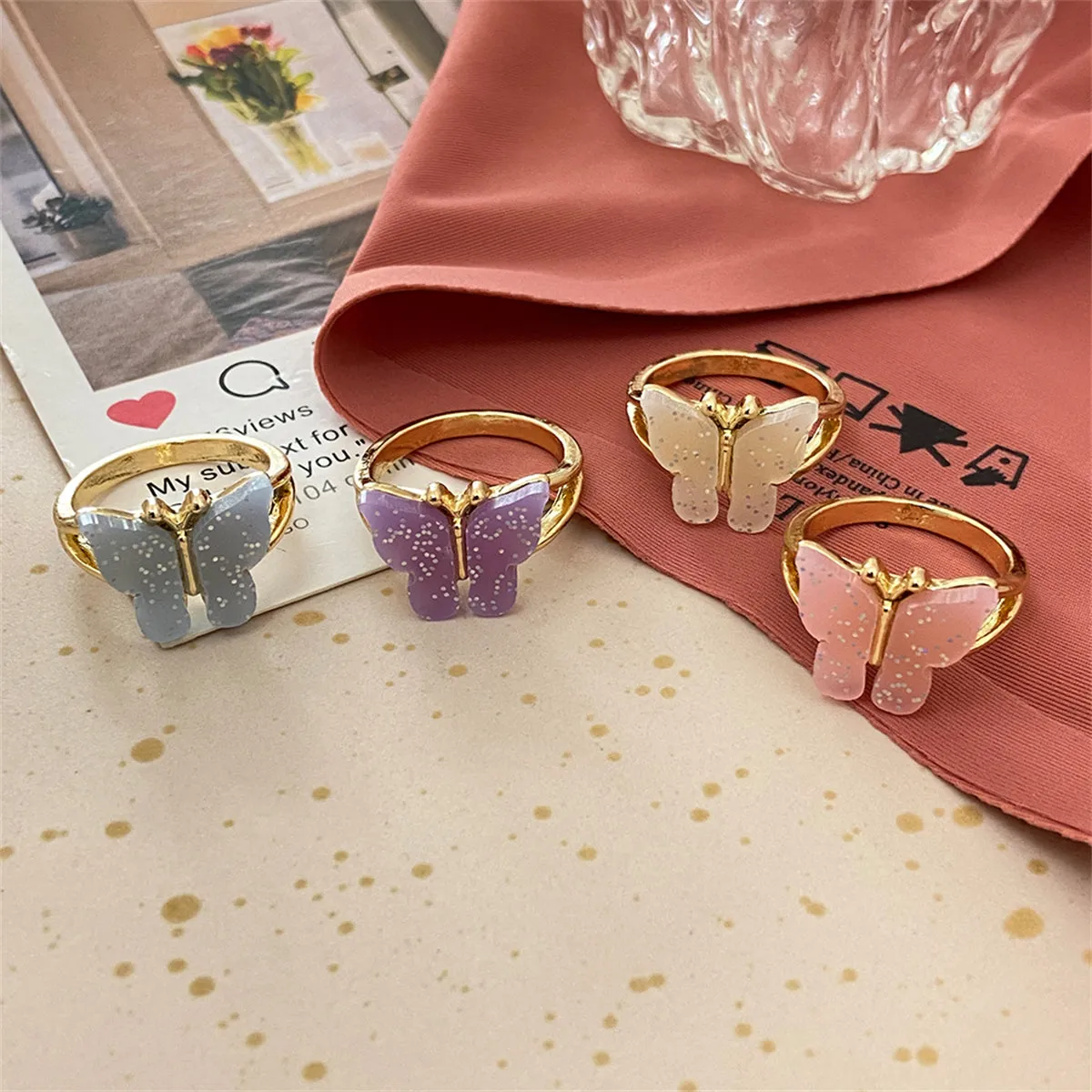 Red Acrylic & 18K Gold-Plated Butterfly Ring Set