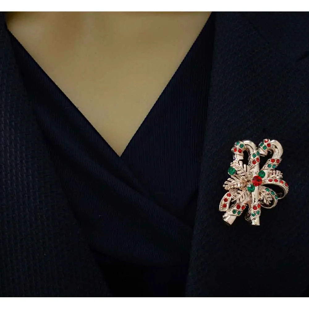 Red and Green Crystal Candy Canes Christmas Brooch Pin - XP504