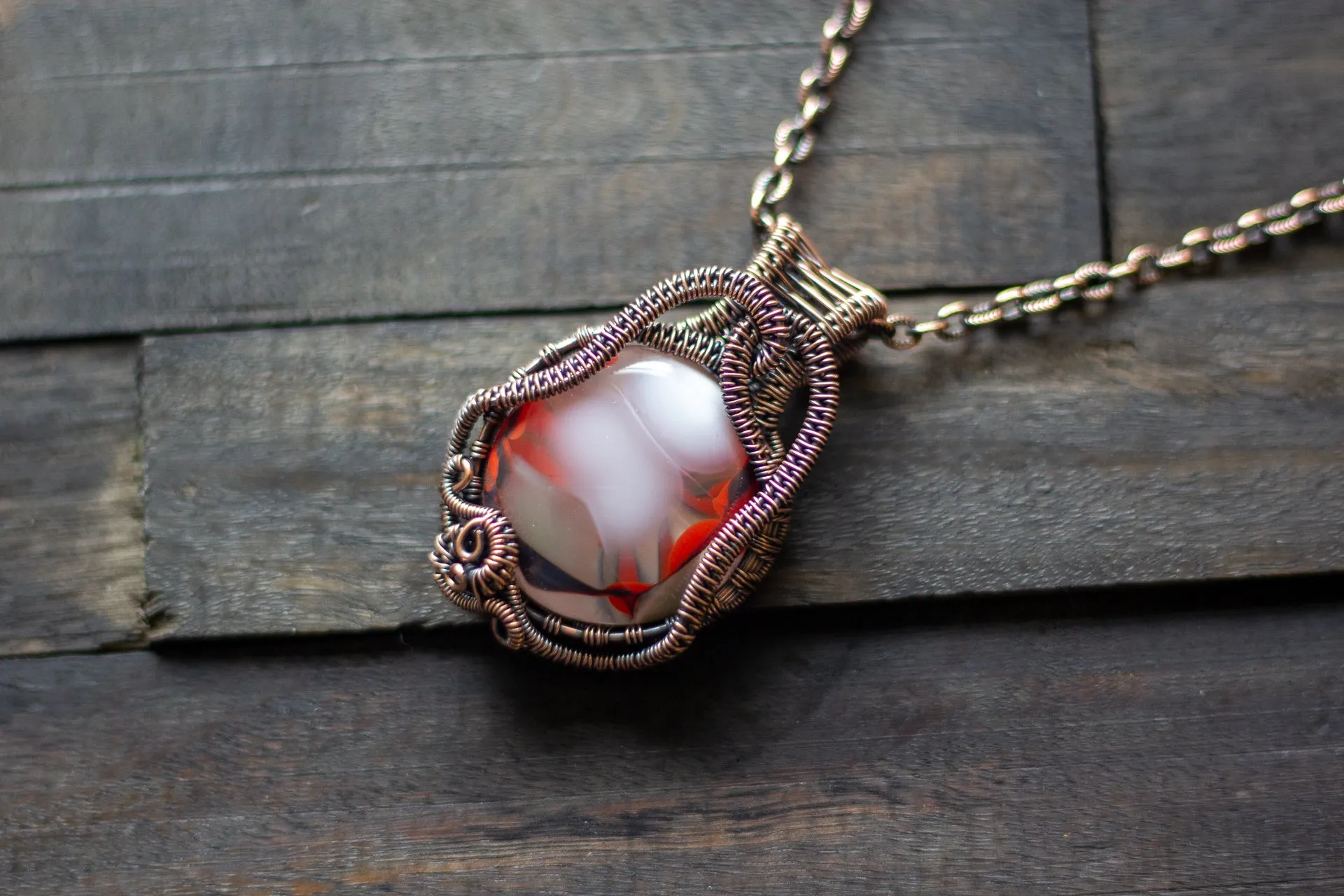 Red and White Fused Glass Pendant with Copper Wire Wrapping