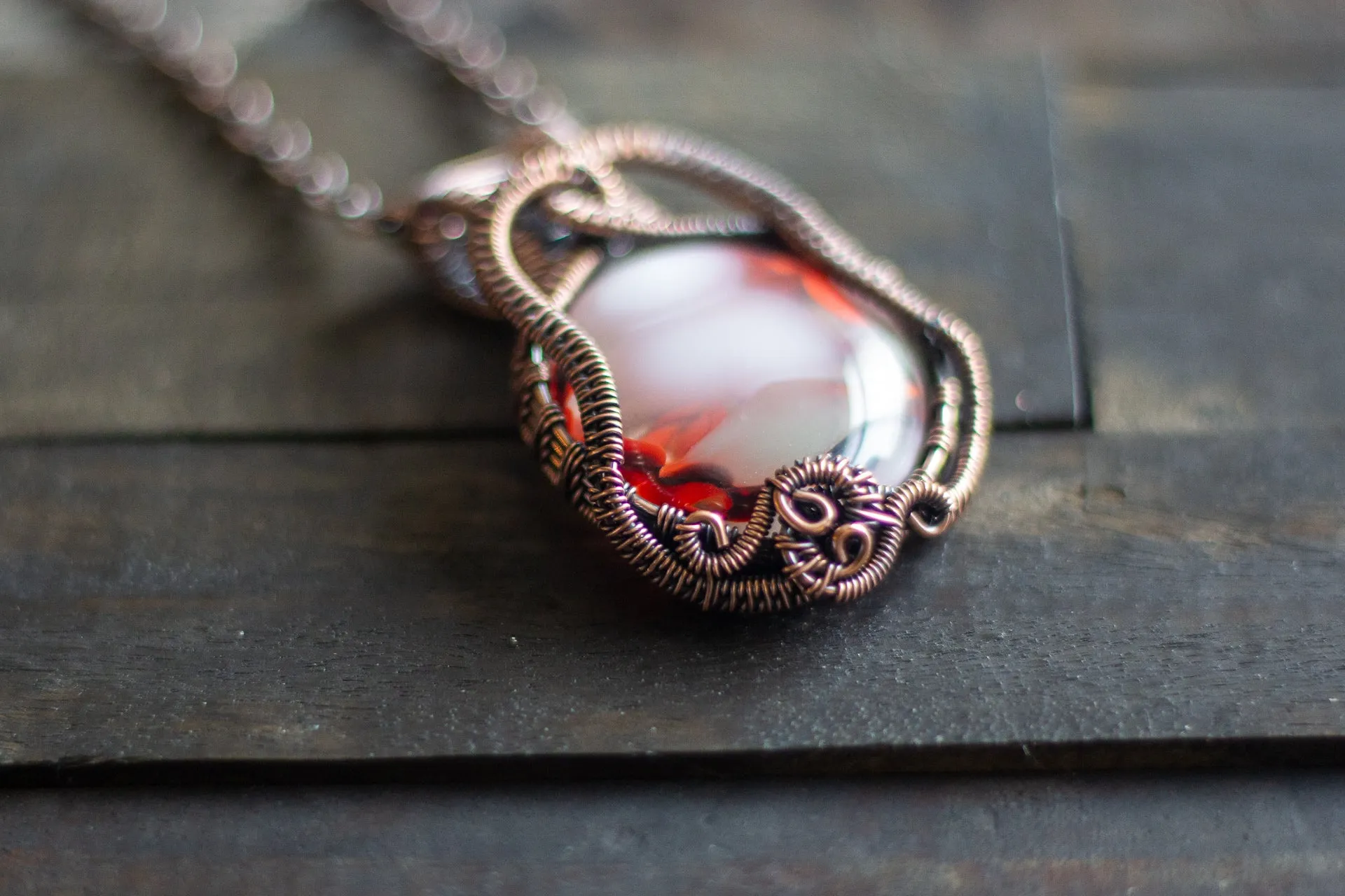 Red and White Fused Glass Pendant with Copper Wire Wrapping