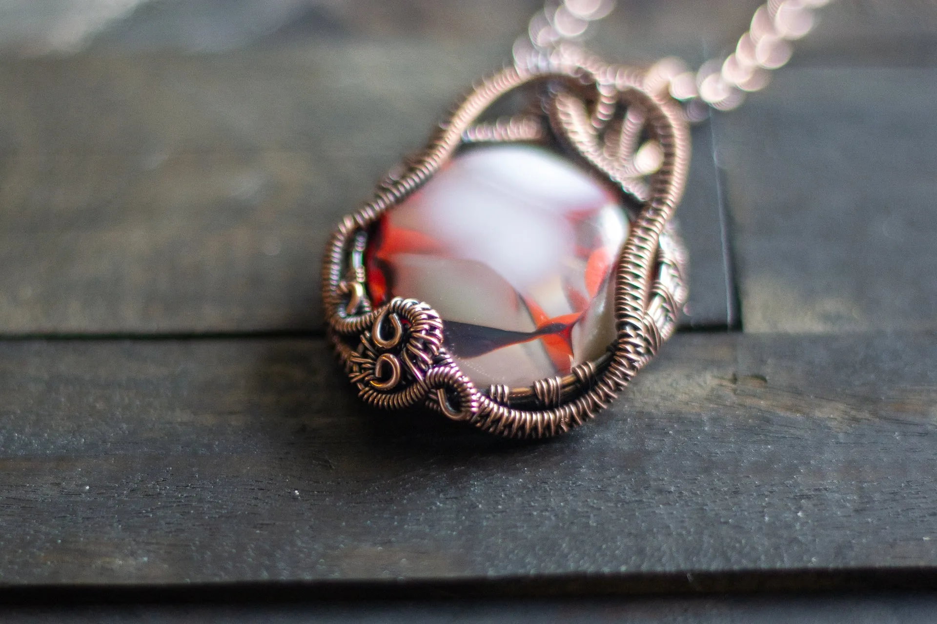 Red and White Fused Glass Pendant with Copper Wire Wrapping