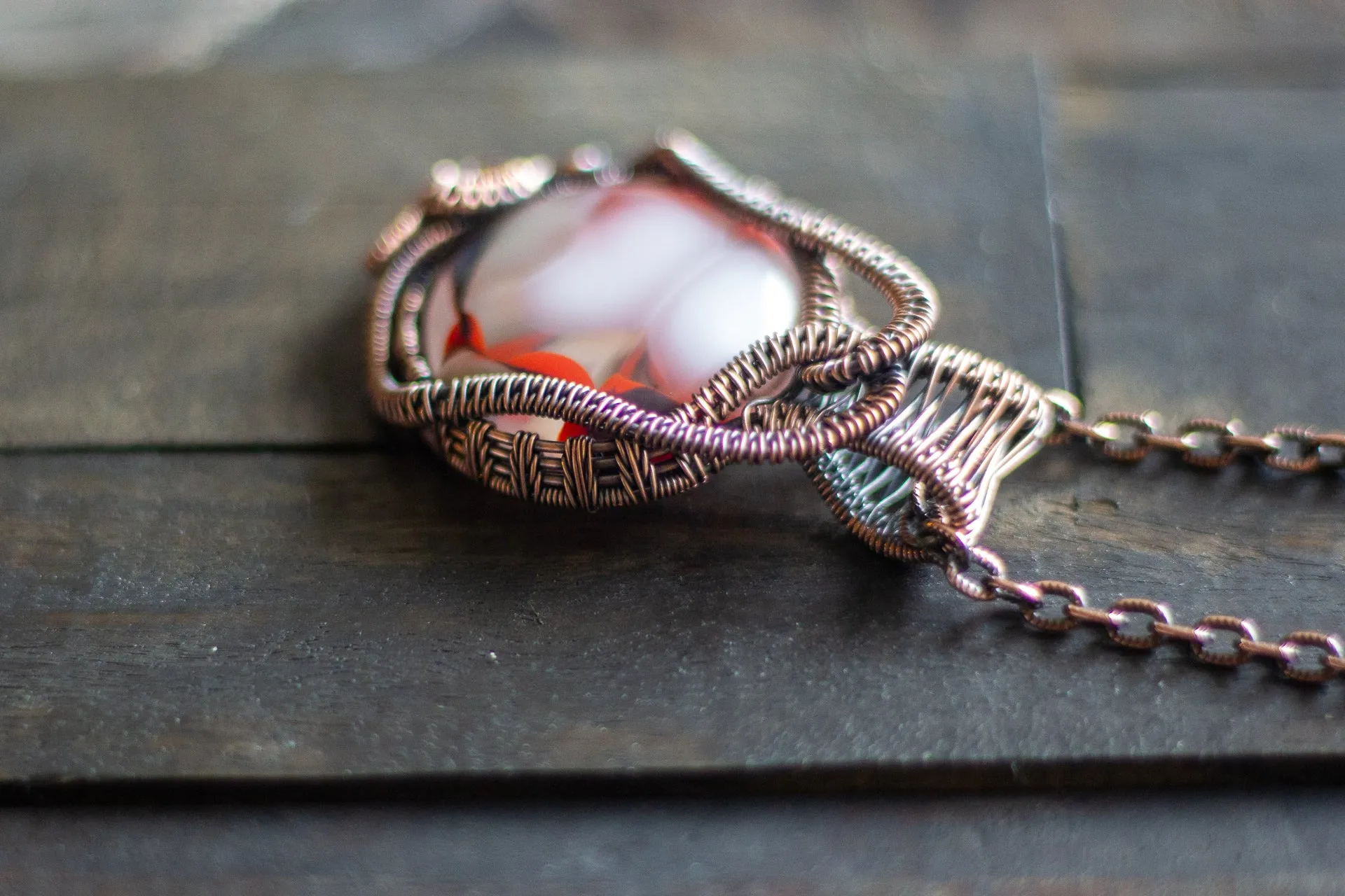Red and White Fused Glass Pendant with Copper Wire Wrapping