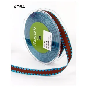 Ribbon - 5/8 Inch Woven Solid Dot Edge (Wired) Ribbon - Brown / Blue Dots