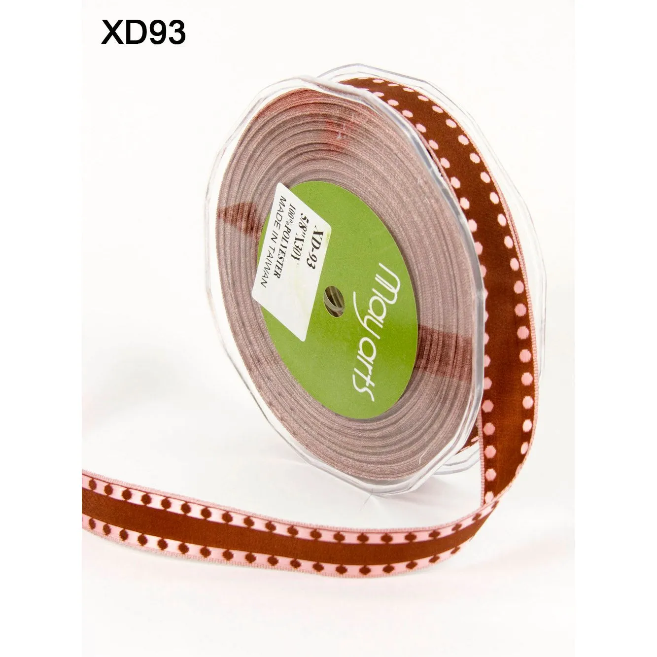 Ribbon - 5/8 Inch Woven Solid Dot Edge (Wired) Ribbon - Brown / Pink Dots