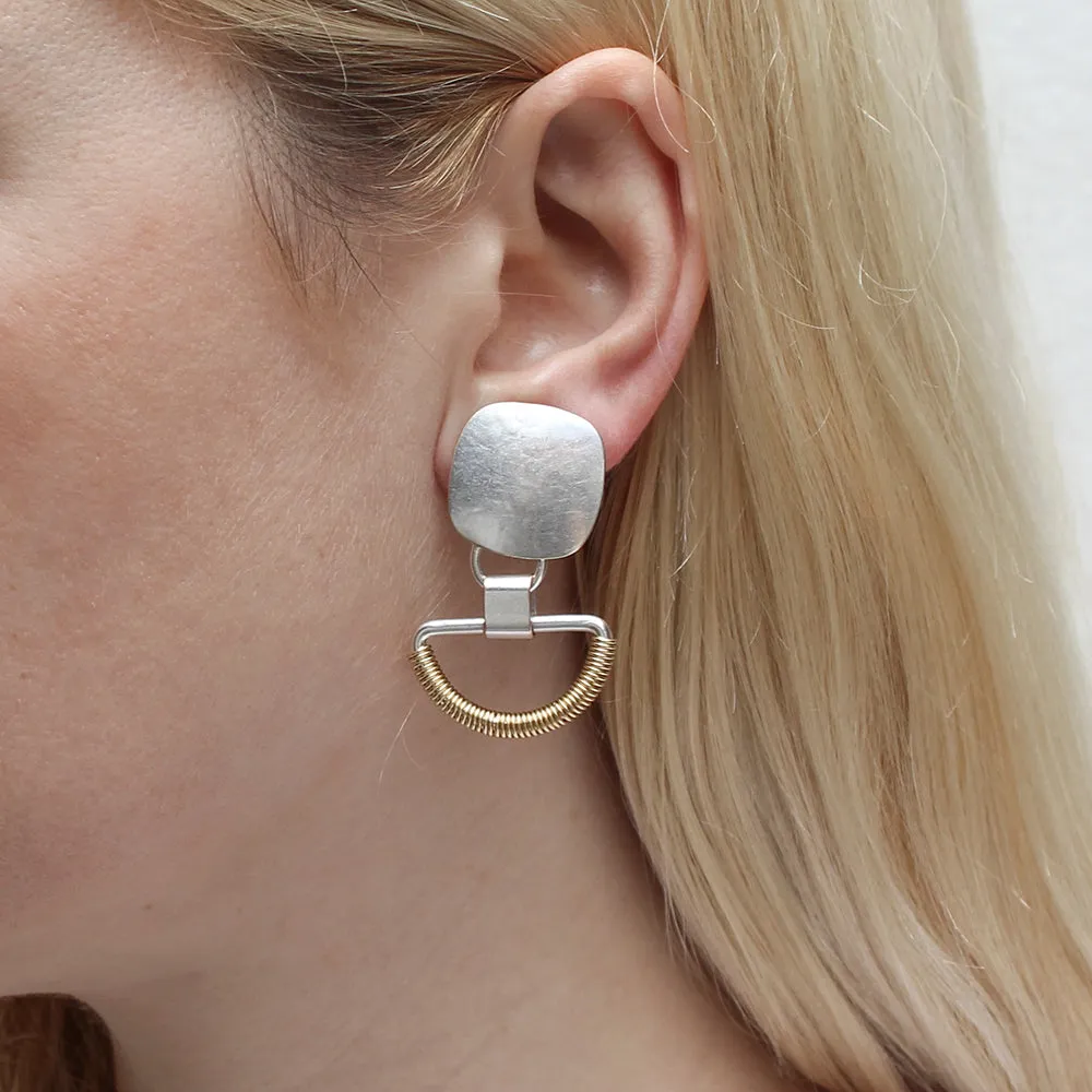 Rounded Square with Wire Wrapped Semi Circular Ring Post or Clip Earring