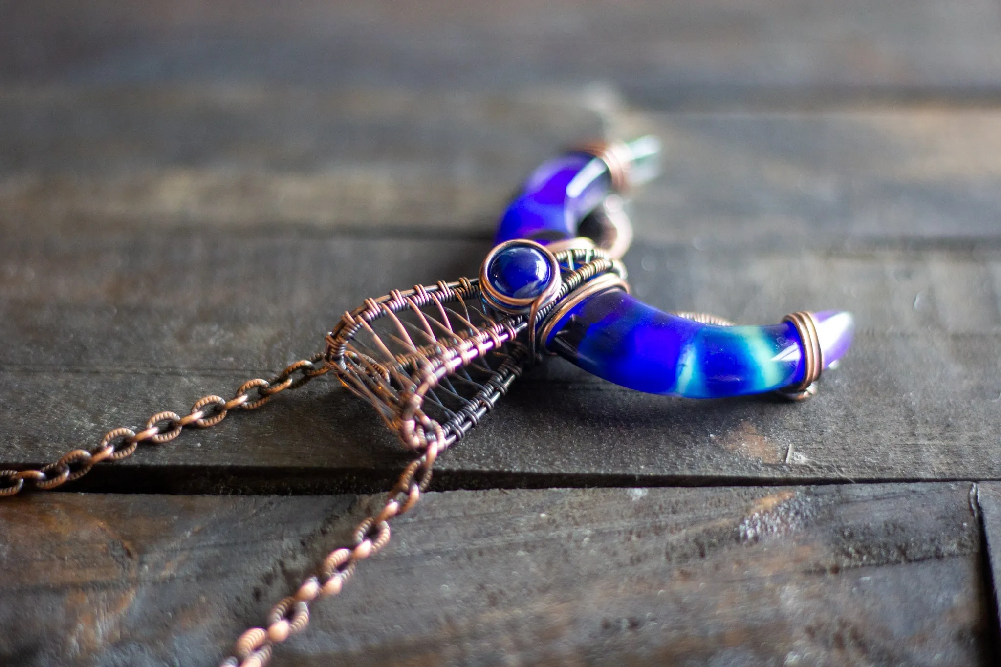Shades of Blue Fused Glass Moon Pendant with Copper Wire Wrapping