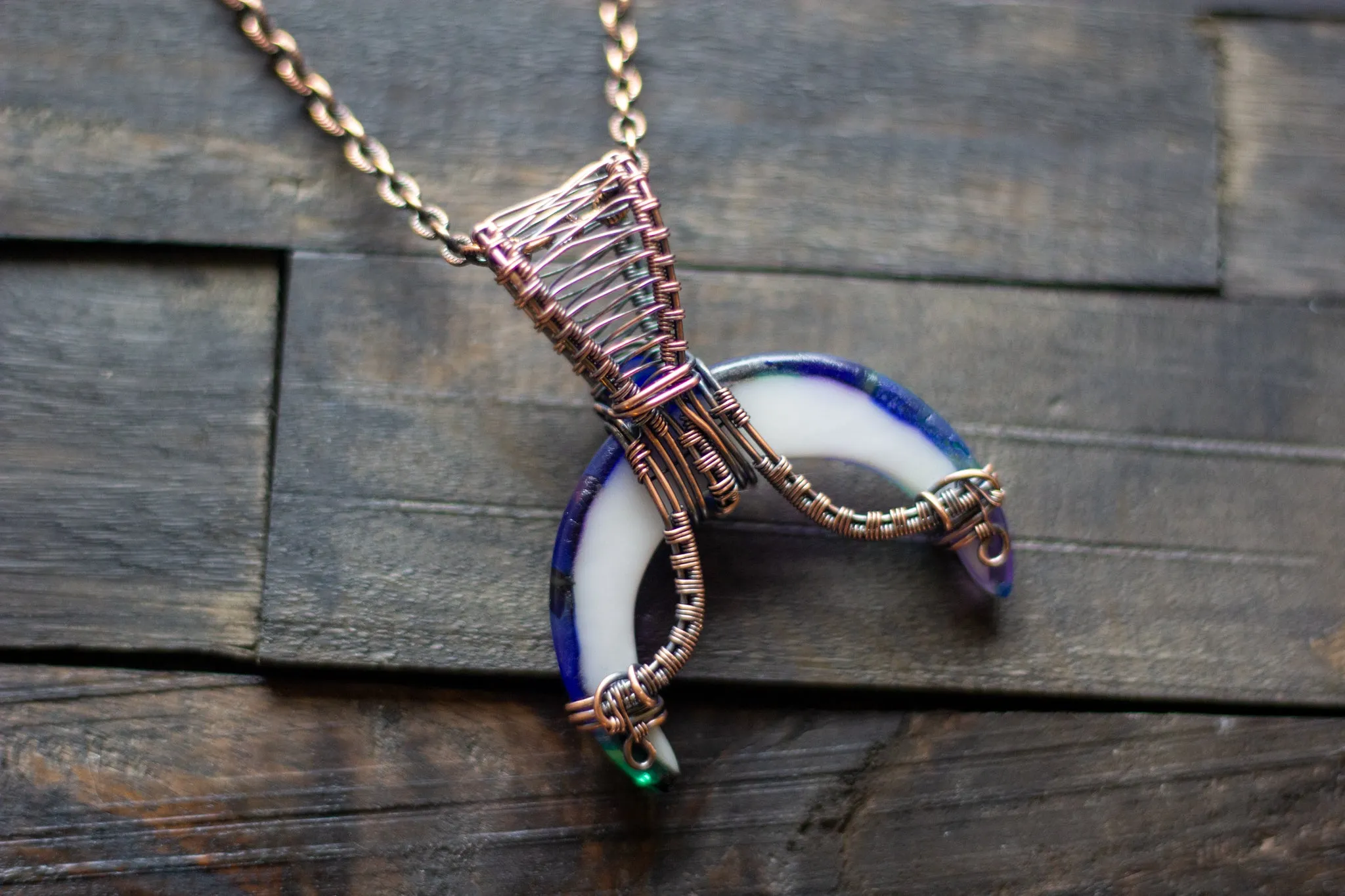 Shades of Blue Fused Glass Moon Pendant with Copper Wire Wrapping