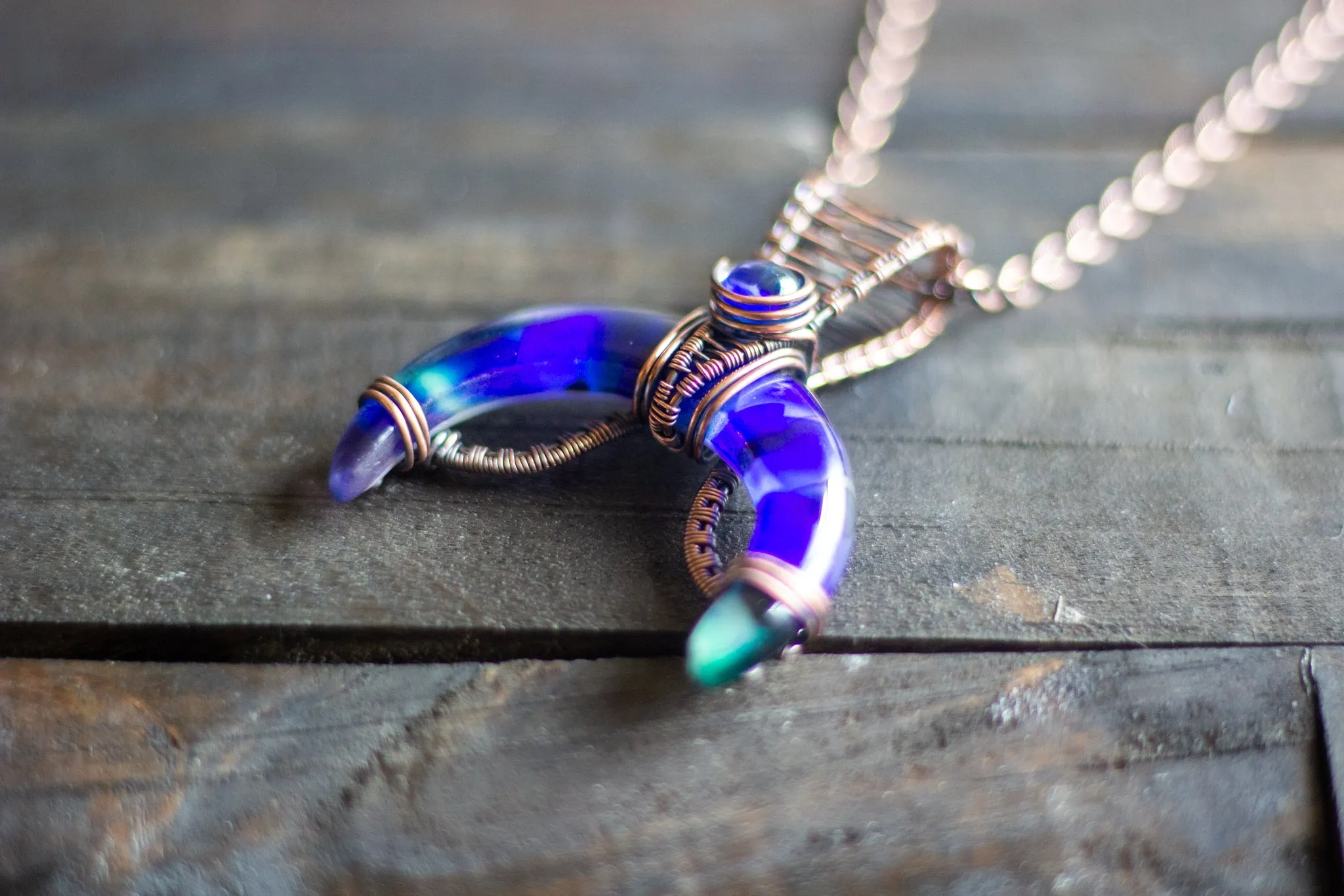 Shades of Blue Fused Glass Moon Pendant with Copper Wire Wrapping