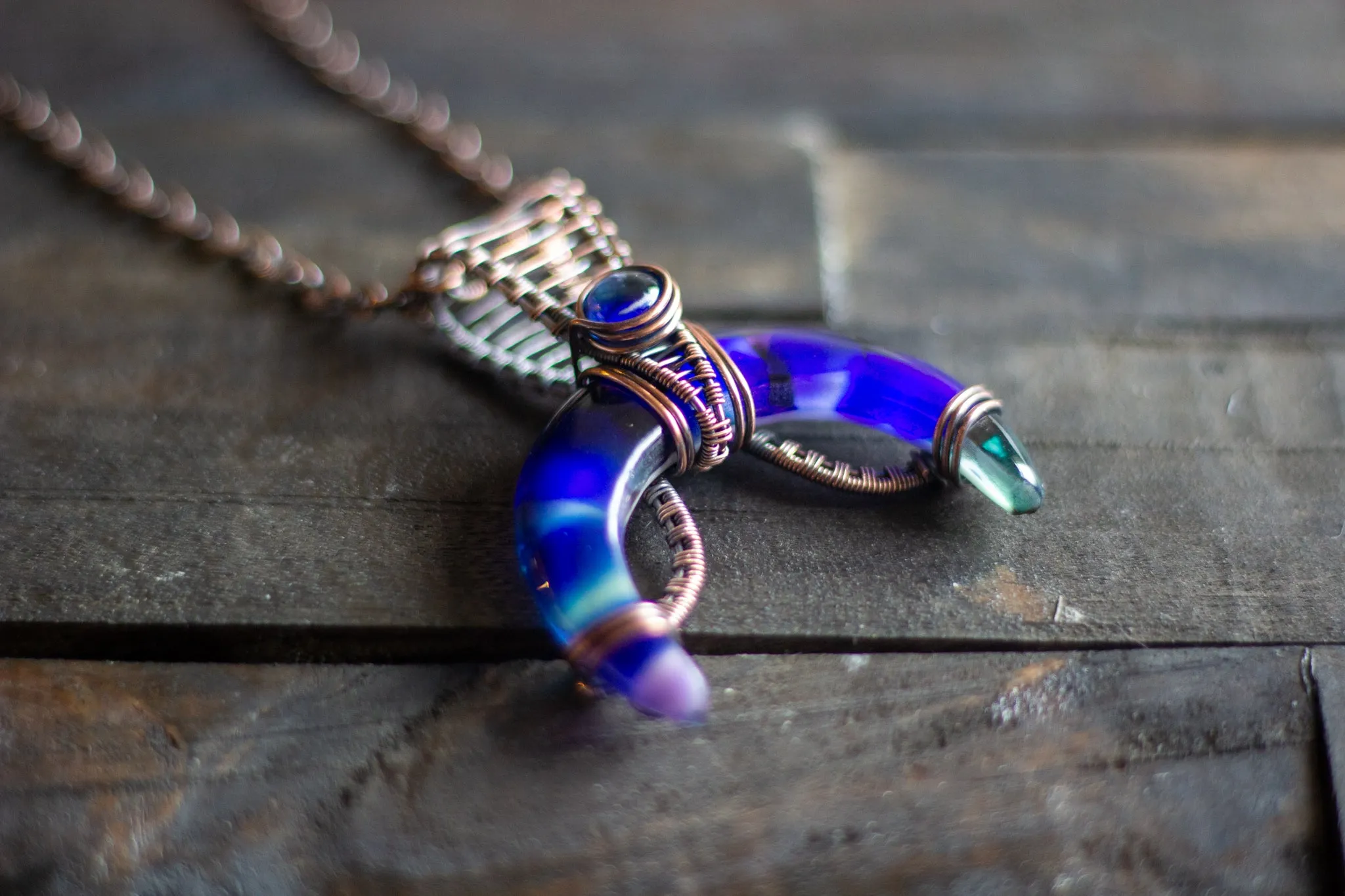 Shades of Blue Fused Glass Moon Pendant with Copper Wire Wrapping