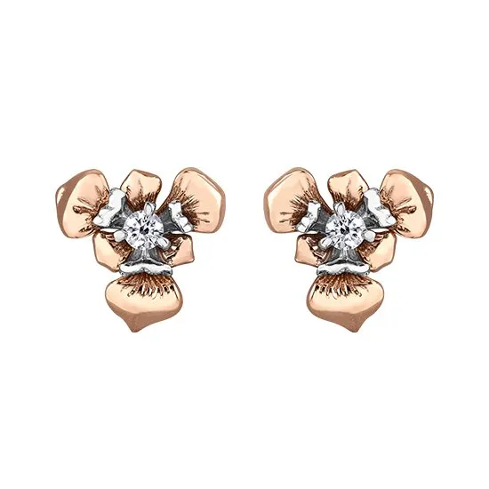 Shelly Purdy 14K Rose and White Gold Quebec Blue Flag Iris (0.15ct) Canadian Maple Leaf Diamond Stud Earrings