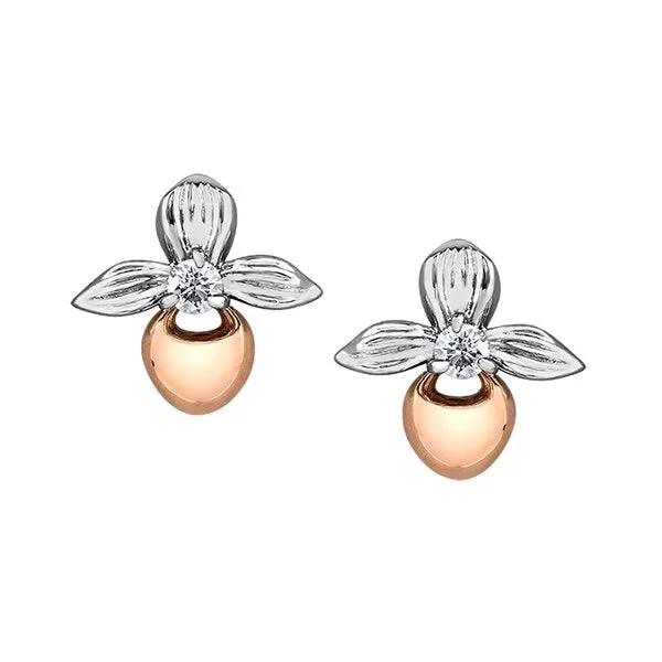 Shelly Purdy 14K White and Rose Gold Prince Edward Island Lady's Slipper (0.15ct) Canadian Maple Leaf Diamond Stud Earrings