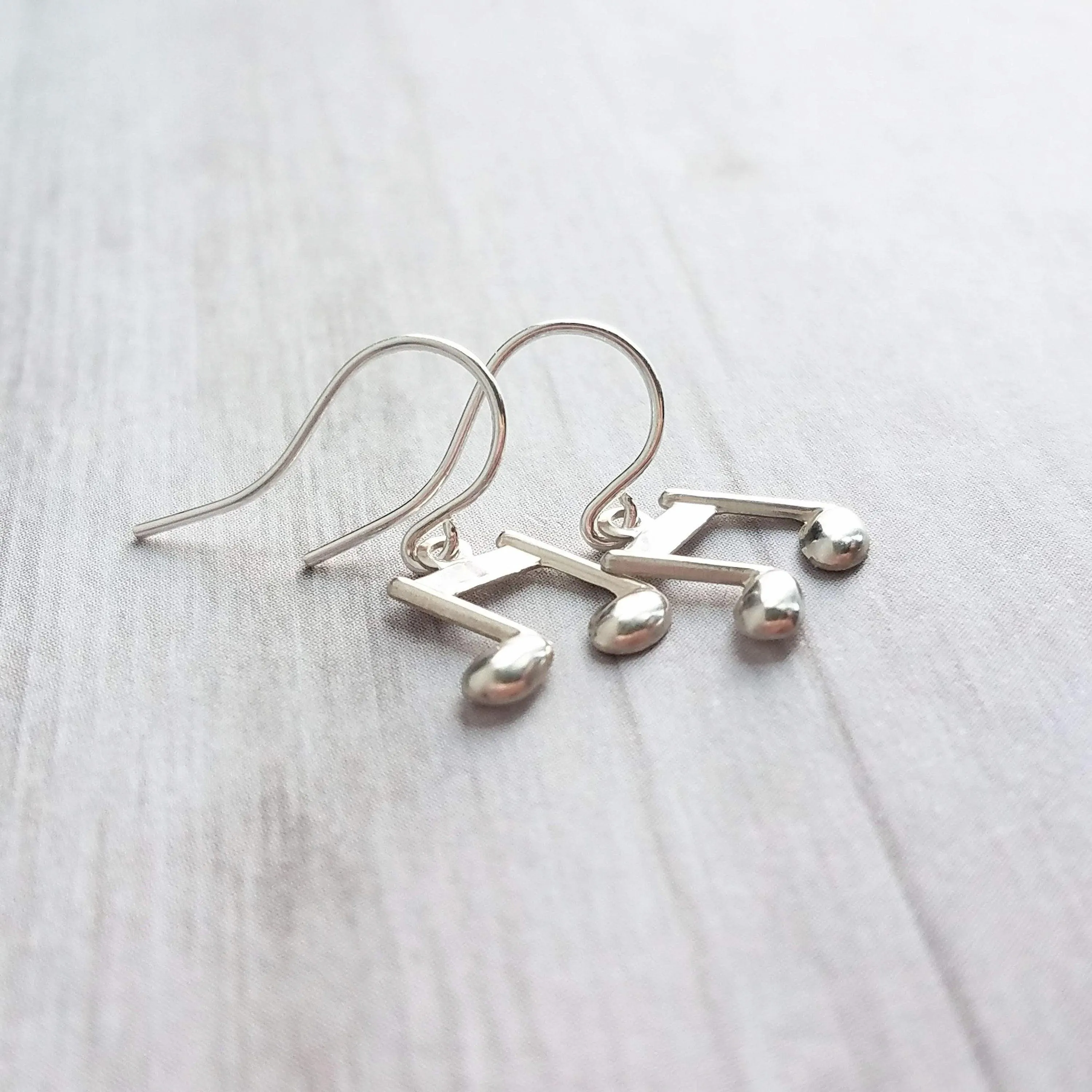 Silver Music Note Earrings, small sterling silver dangle, tiny music earring, eighth note charm, singer musician conductor teacher gift