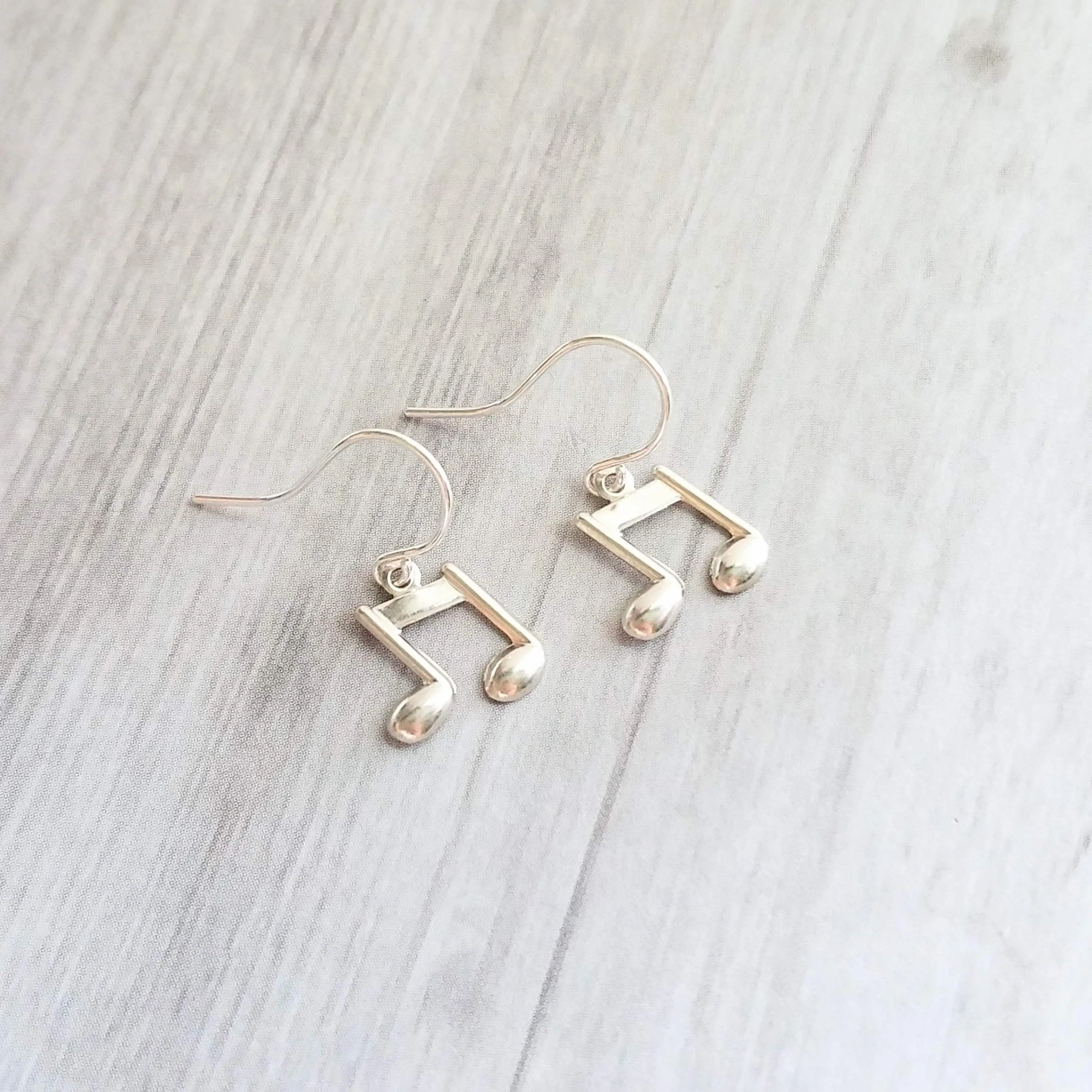 Silver Music Note Earrings, small sterling silver dangle, tiny music earring, eighth note charm, singer musician conductor teacher gift