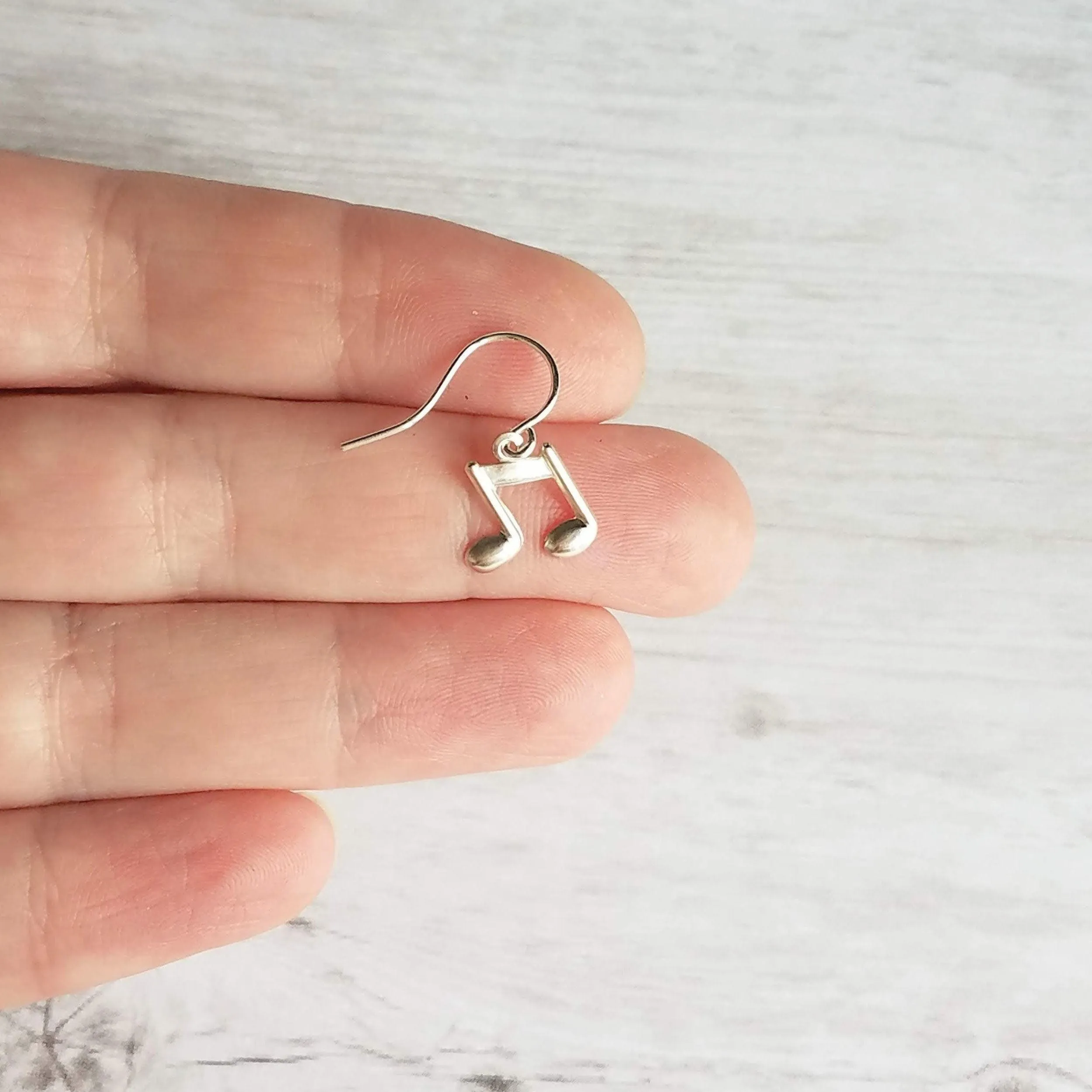 Silver Music Note Earrings, small sterling silver dangle, tiny music earring, eighth note charm, singer musician conductor teacher gift
